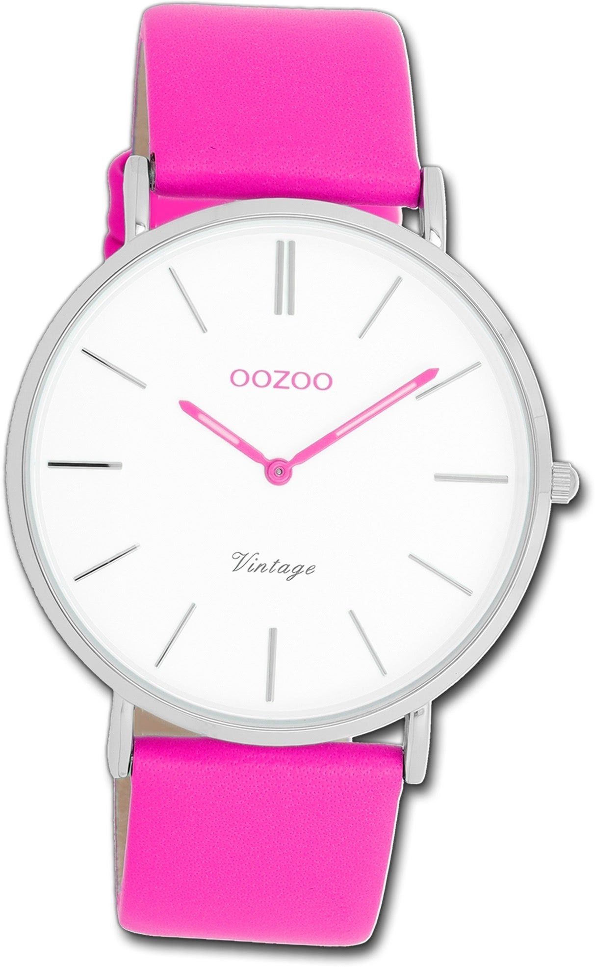 OOZOO Quarzuhr Oozoo Damen Armbanduhr pink, 40mm) Vintage (ca. Gehäuse, pink, rundes groß Lederarmband Damenuhr