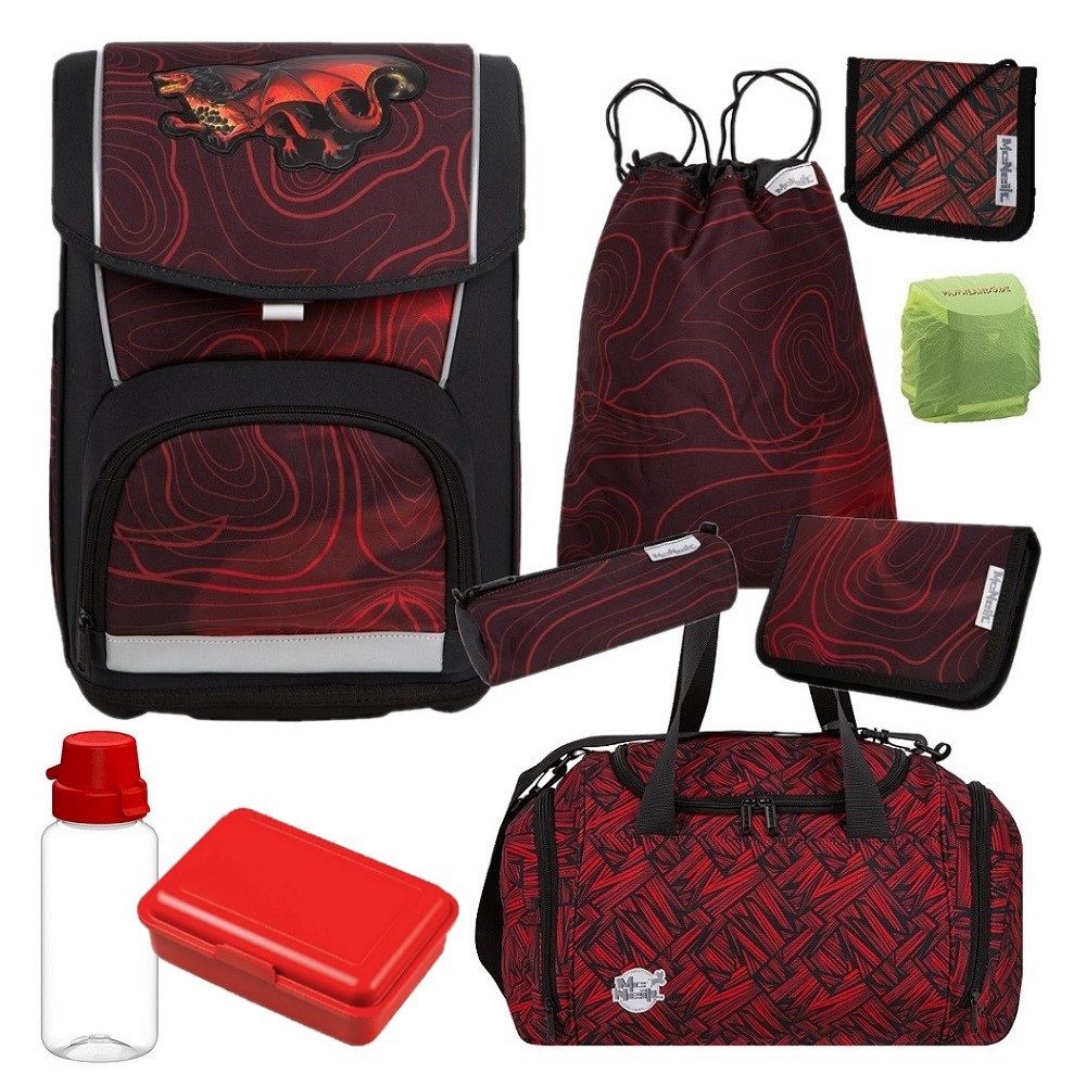 McNeill Schulranzen Basic (Set, 9-tlg., inkl. Federmäppchen und Sporttasche), DRAGON Drache; Rot