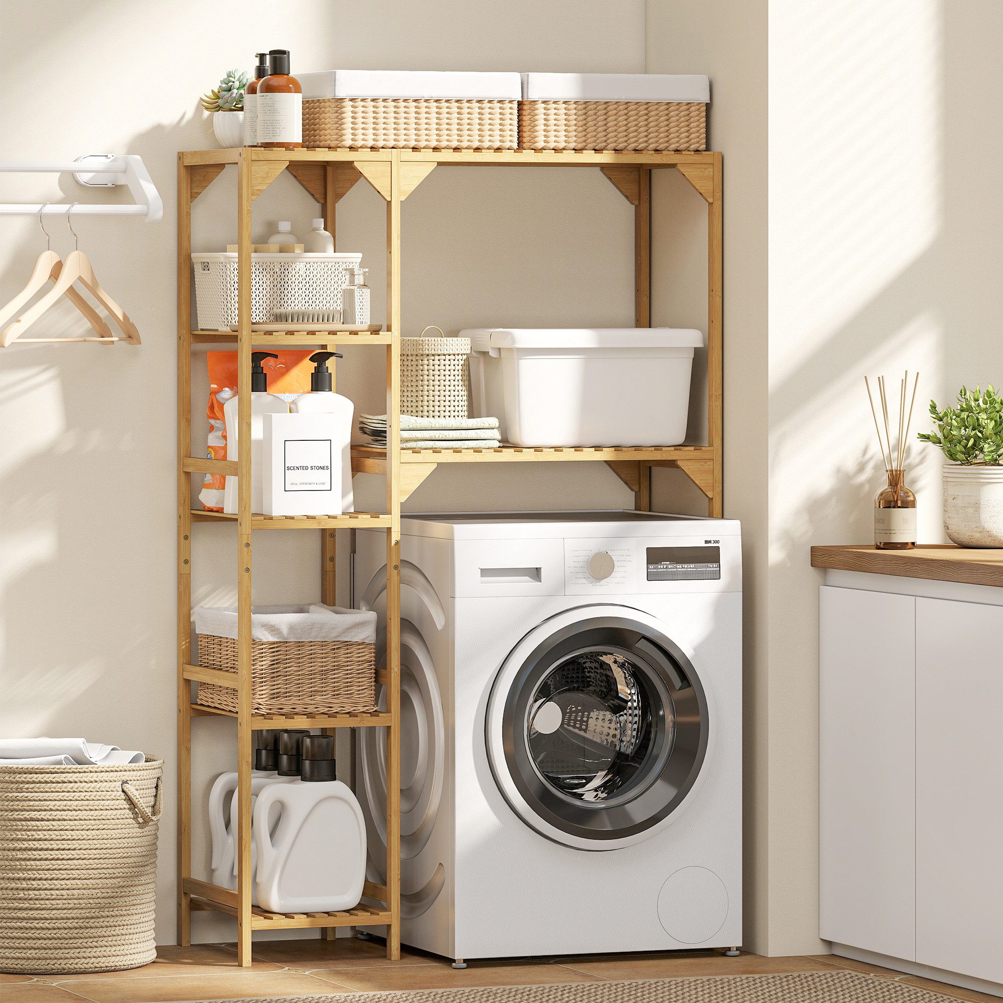 HOMCOM Badregal mit mehrere offene Fächer, Toilettenregal 1-tlg., für Badezimmer, Naturholz