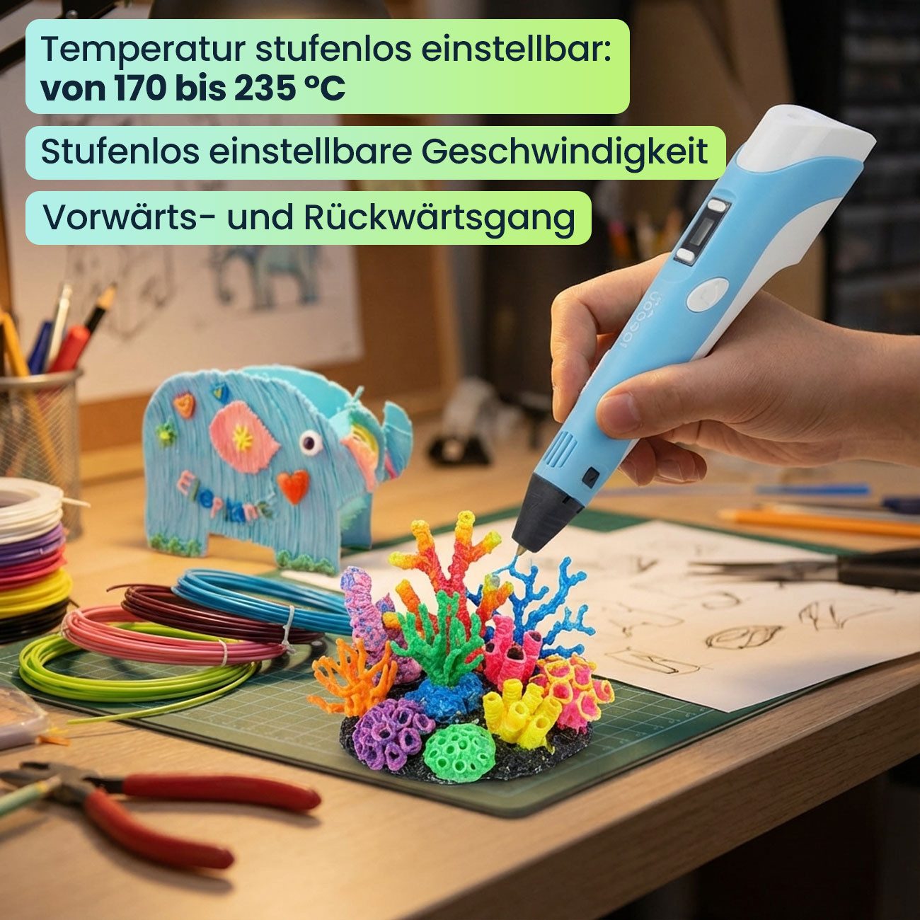 shop'n smile ideoon 3D-Drucker-Stift 3D-Drucker-Stift Set mit USB 3D-Stift inkl. 20 bunten PLA-Filamenten, Keramik-Düse, 170-235°C, inkl. 20x 5m PLA-Filament & USB