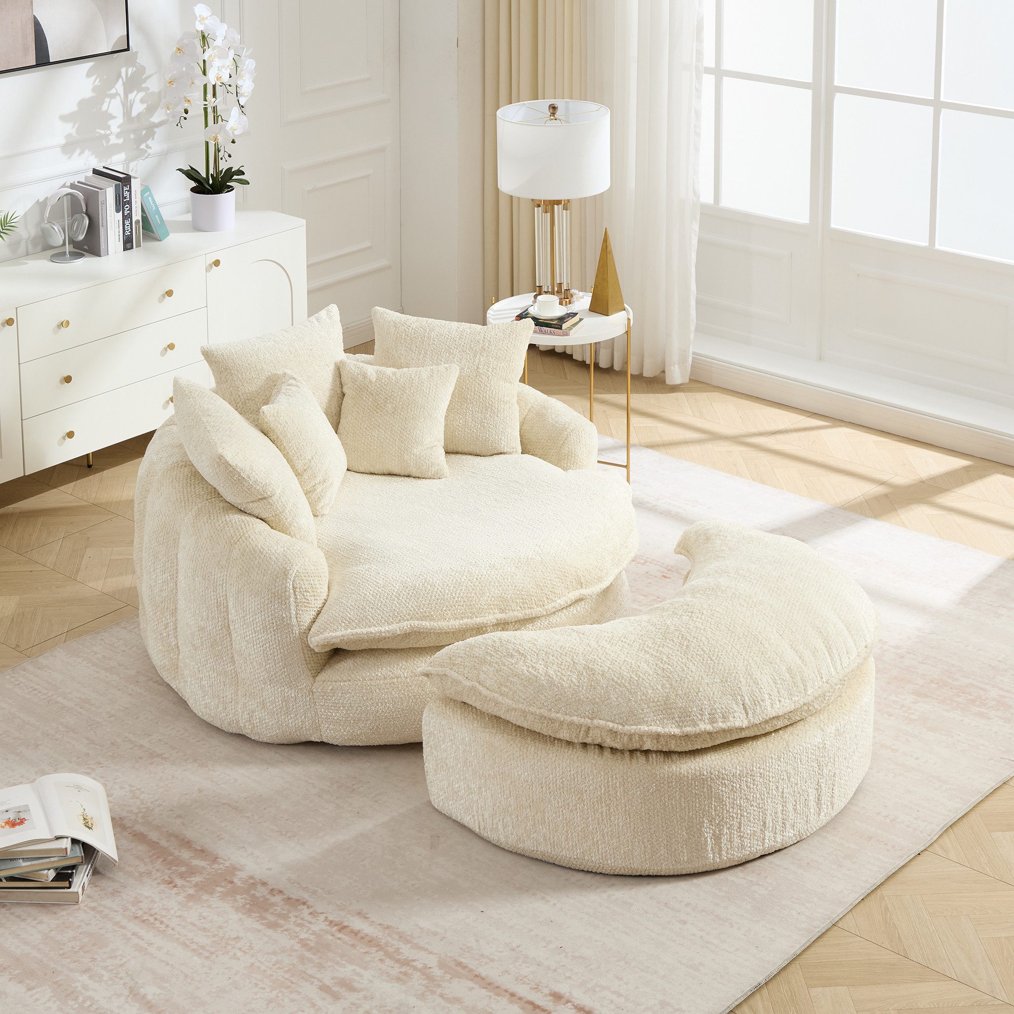 Celya Sessel 55-Zoll-langer Polyester-Schaumstoff-Sessel mit Kissen (oversized runder Stuhl, Sofa-Bett, breiter Sessel)