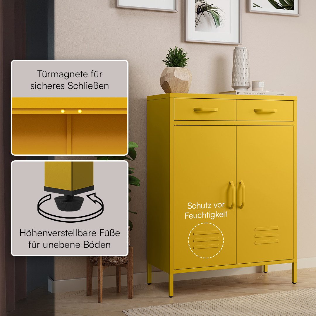 skølm Kommode Atria aus Metall (Senfgelb, 2 Schubladen & 2 Fächer), höhenverstellbare Böden, Highboard auch verfügbar ohne Schubladen