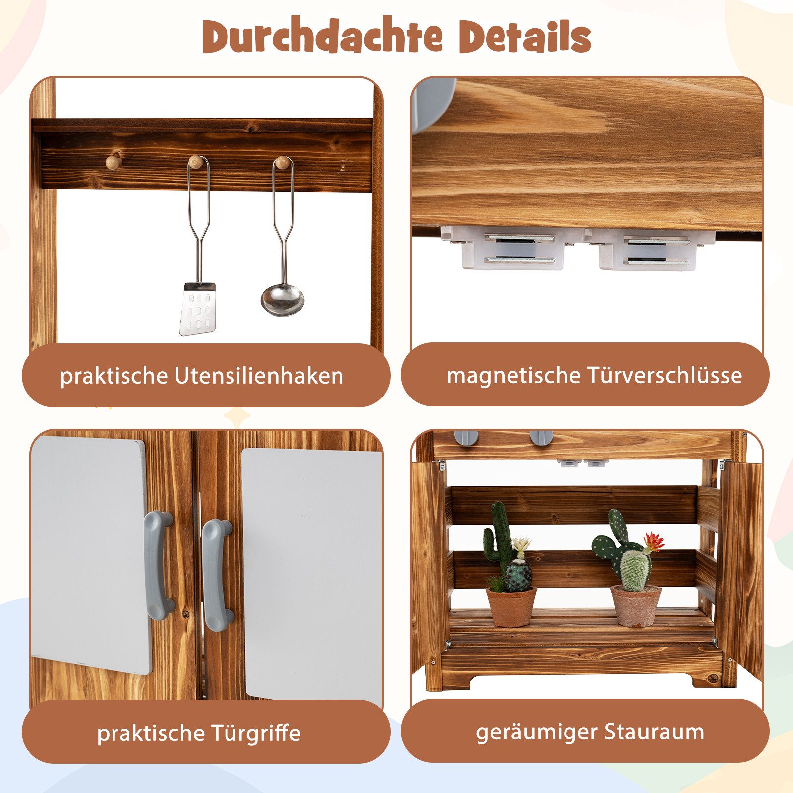 KOMFOTTEU Outdoor-Spielküche, Kinderküche mit 4 Kochzubehör & Pflanztöpfen