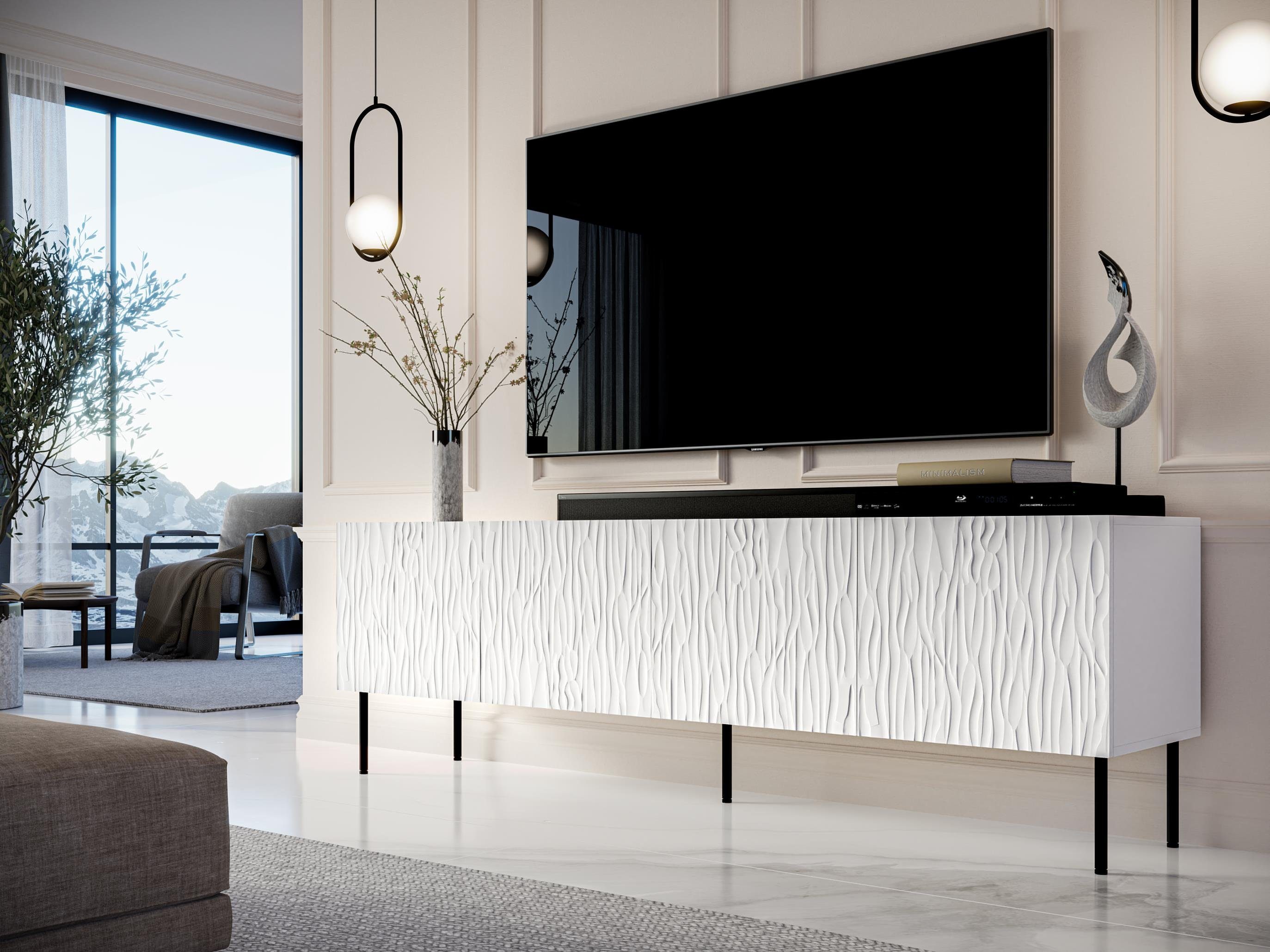 Furnix TV-Schrank GLEYA 190 Fernsehschrank mit gefrästen Fronten multifunktionell Weiß Struktur