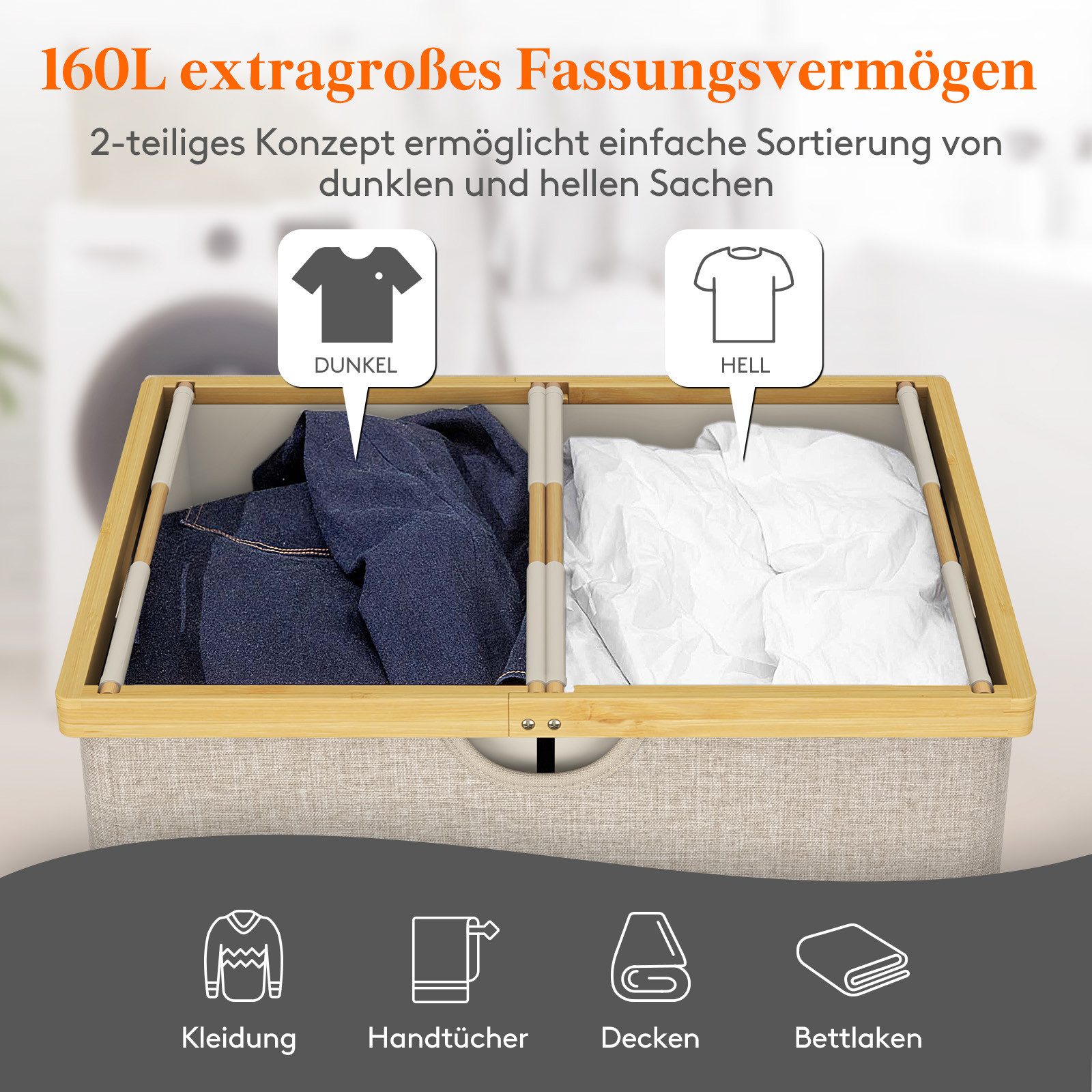 Lifewit Wäschebox Bambus Wäschekorb mit Deckel, 2 Fächer Wäschesortierer günstig online kaufen