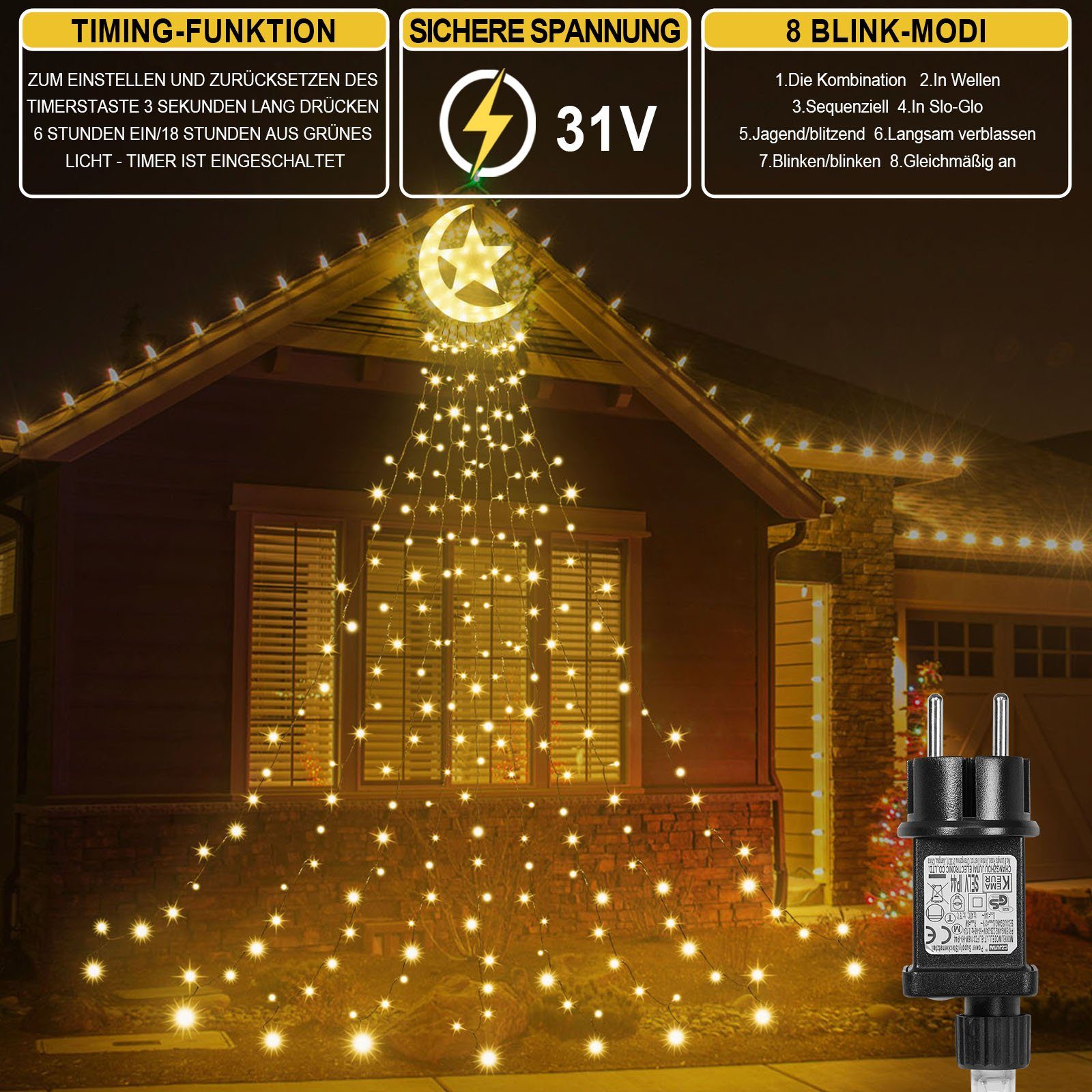 Christbaumbeleuchtung,8-Modi,Timer,IP44 LED Laybasic LEDs, Warmweiß Star,350 Wasserdicht Lichterkette mit Moon LED-Lichterkette 350-flammig, Weihnachtsbaum Topper