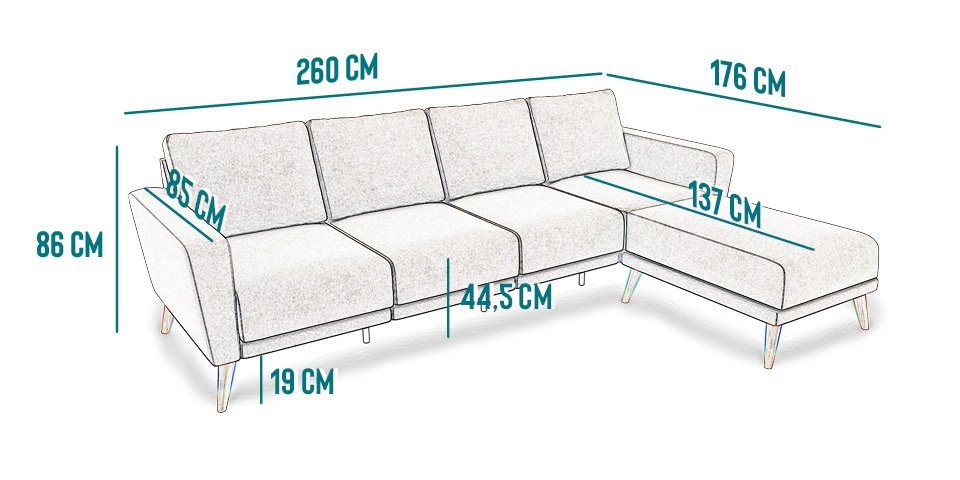 KAUTSCH.com 4-Sitzer LOTTA, L-Form, Ecksofa, in Europe modular Longchair, Wellenfederung, System, made abnehmbarer creme-beige Kaltschaum, hochwertiger zerlegbares erweiterbar