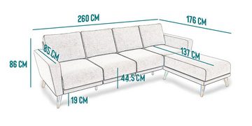 KAUTSCH.com 4-Sitzer LOTTA, L-Form, Ecksofa, abnehmbarer Longchair, zerlegbares System, modular erweiterbar, hochwertiger Kaltschaum, Wellenfederung, made in Europe
