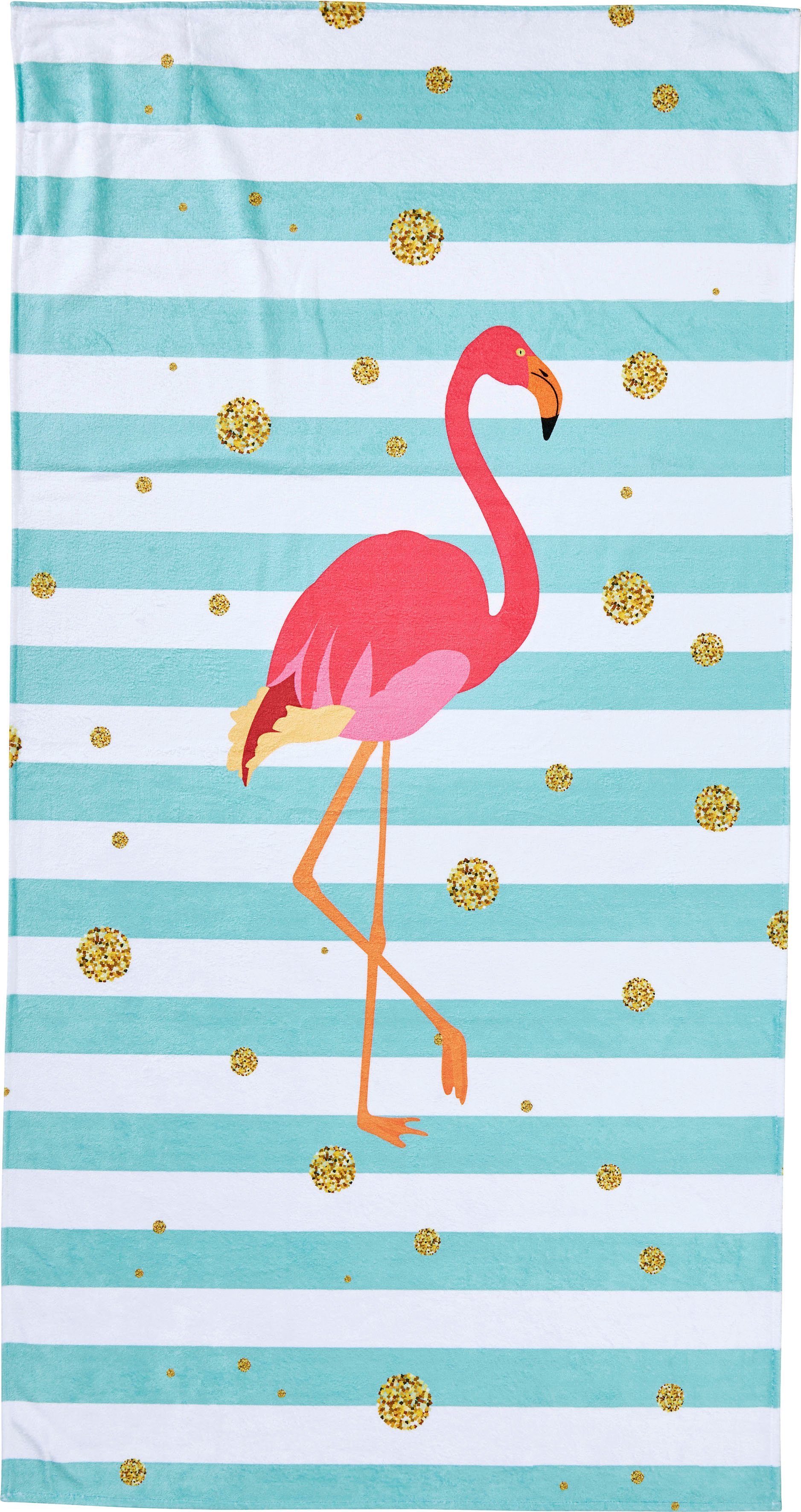 & (1-St), Motiv, gestreift Hamam Flamingo, Frottier Strandtuch Reisverschluss-Tasche Wertgegenstände für done.® mit
