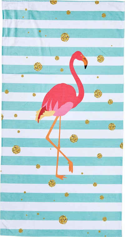 done.® Strandtuch Flamingo, Hamam Frottier (1-St), gestreift & Motiv, mit Reisverschluss-Tasche für Wertgegenstände