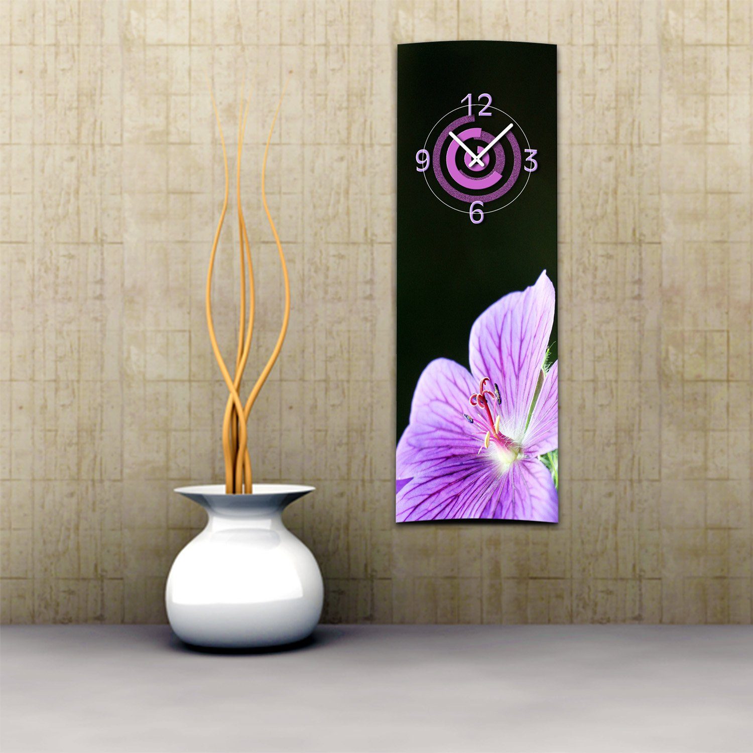 dixtime Wanduhr Wanduhr 30x90 Alu-Dibond) aus hochkant Dixtime XXL cm 3D 4mm 3D-Optik leises (Einzigartige Orchidee Optik lila