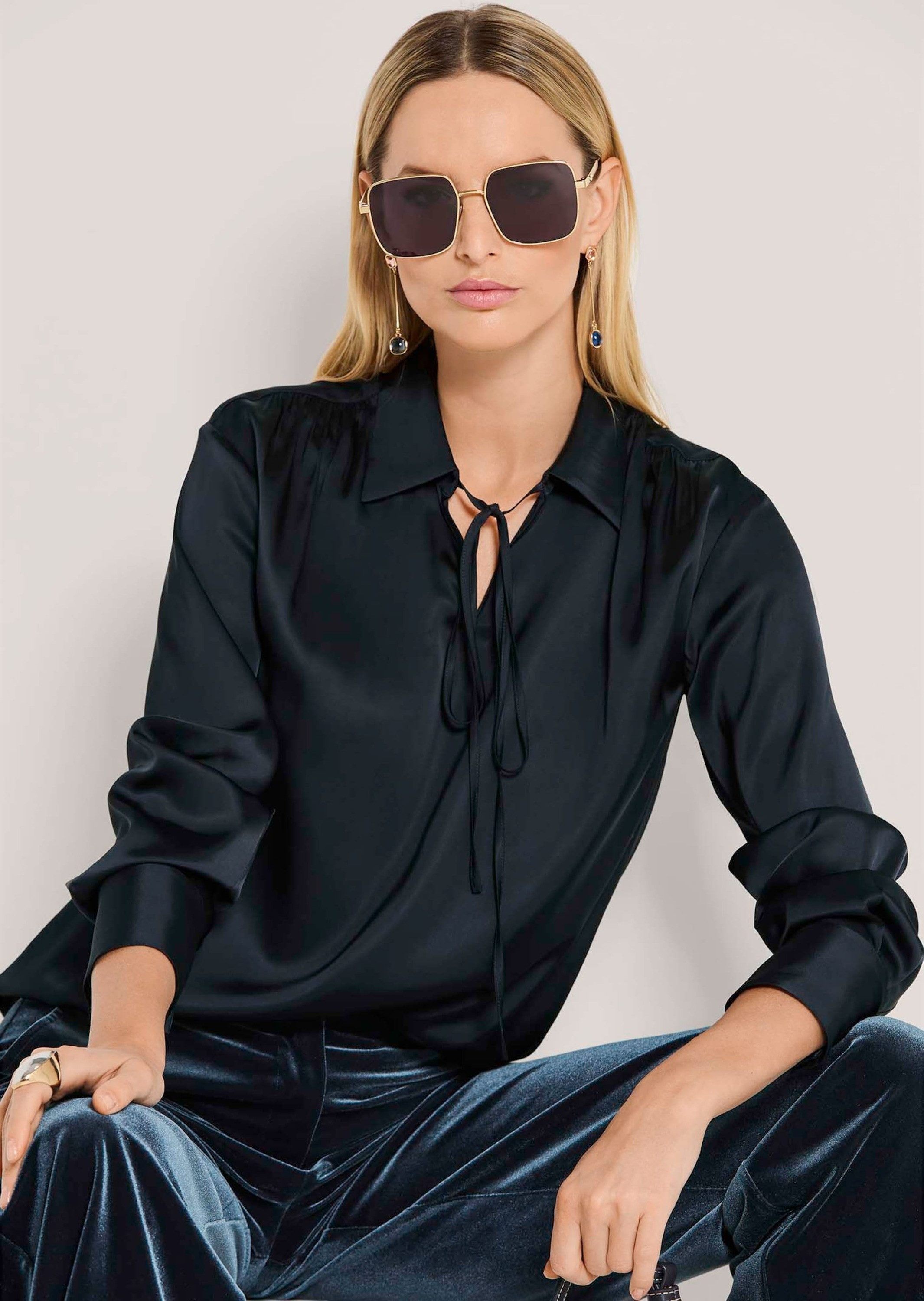 MADELEINE Langarmbluse Elegante Bluse mit V-Ausschnitt Fließender Stoff mit Hemdkragen, Bindeband und langen Ärmeln