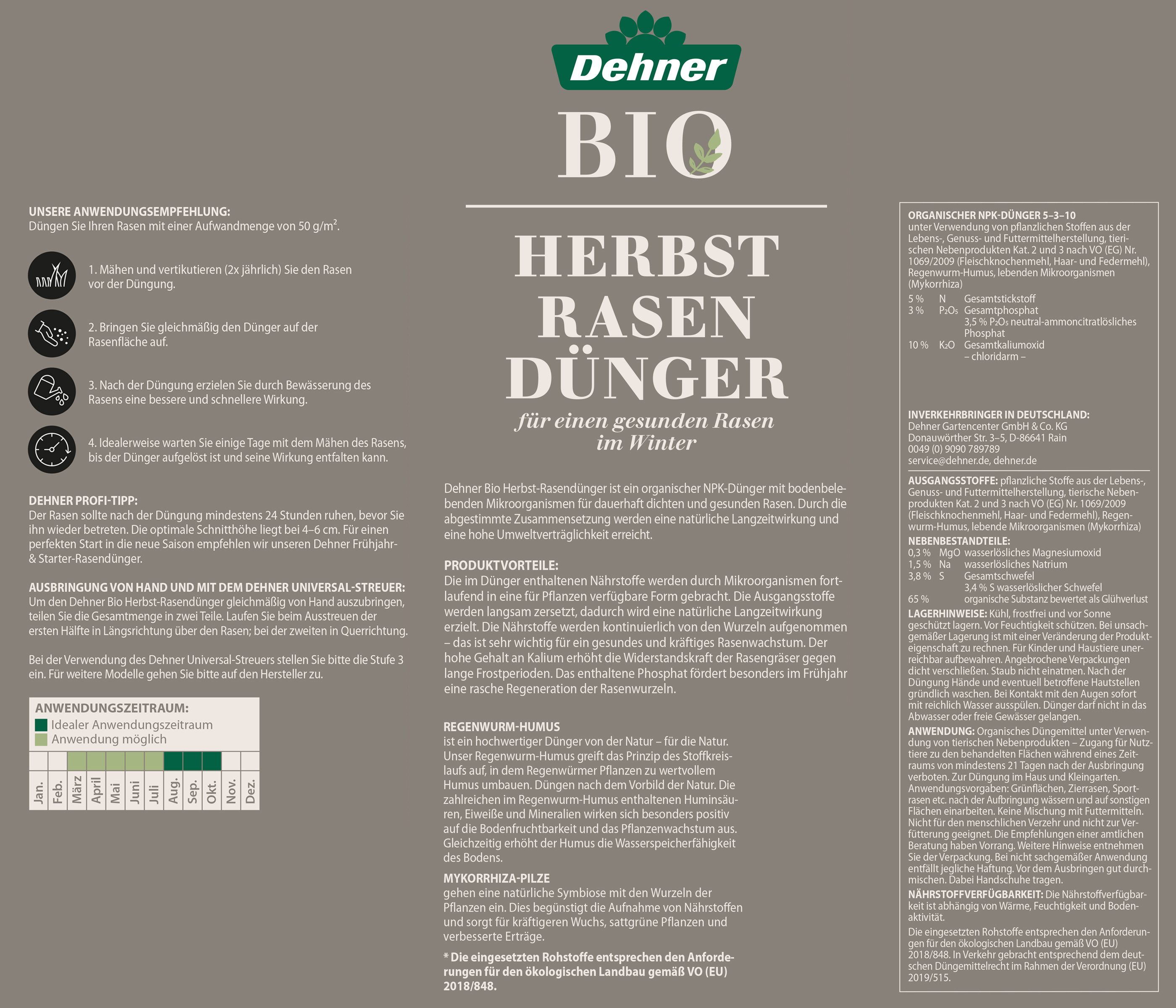 Dehner Rasendünger Herbst-Rasendünger, mit Regenwurmhumus/ Mykorrhiza / Kalium, 200 m², organischer Dünger mit Langzeitwirkung