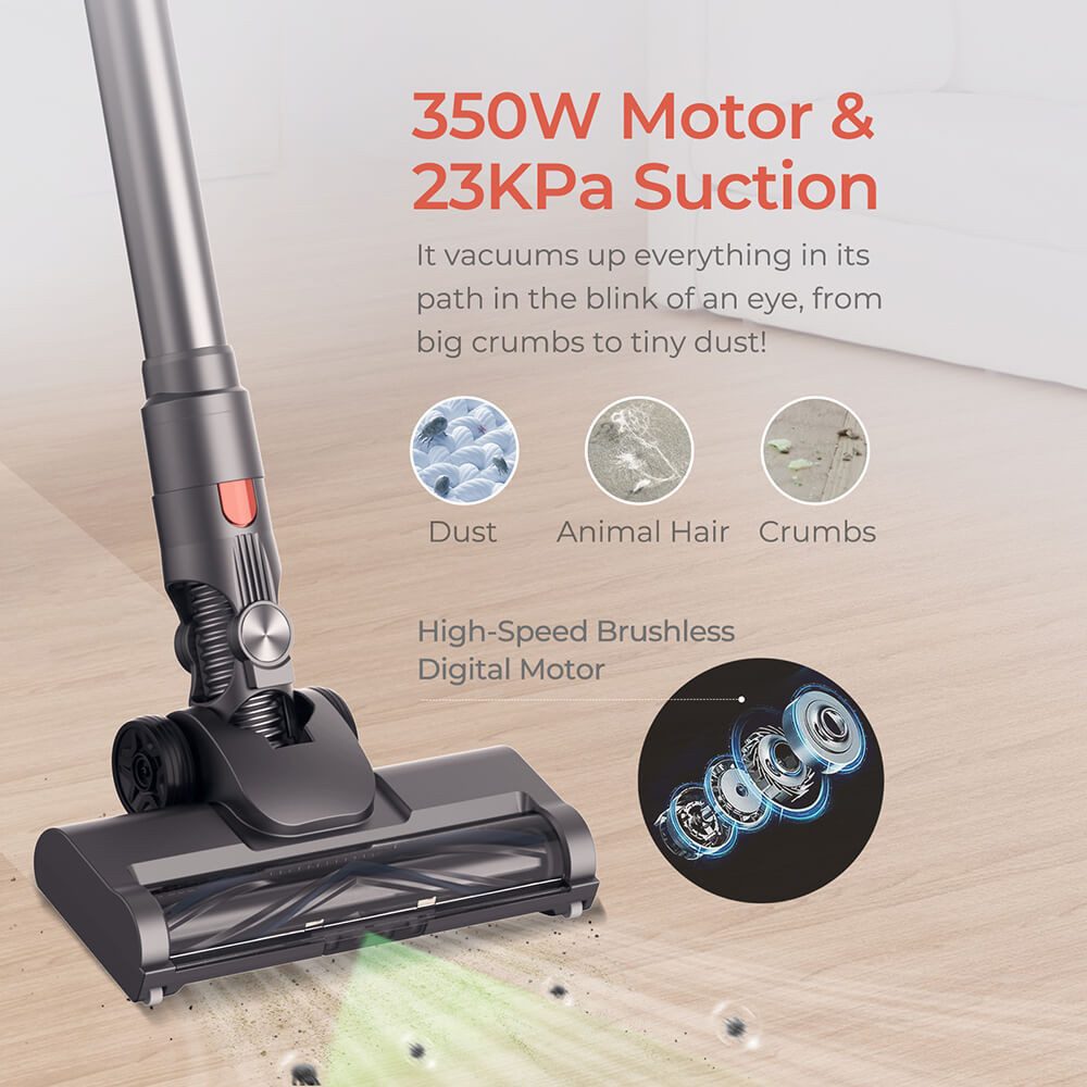 Jigoo Akku-Bodenstaubsauger C200 Kabelloser Staubsauger, 23KPa Saugkraft, 40min Laufzeit, 350 W, 2 Arbeitsmodi, Teleskop-Metallrohr und LED-Scheinwerfer