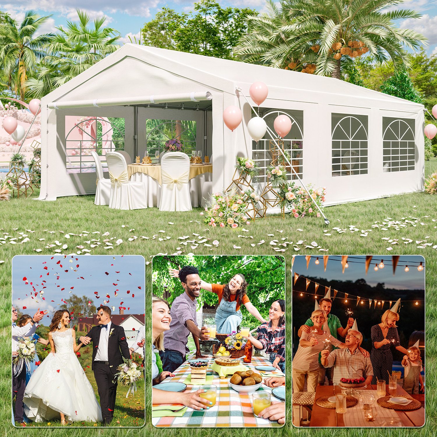 GUNJI Partyzelt Verzinktes Stahlrohr Partyzelt mit abnehmbaren Seitenwänden 3x6/4x6m, mit 4 Seitenteilen, (3x4, 3x6: 2 Pakete; 4x6, 4x8, 4x10:3 Pakete), Partyzelt mit größerem Innenraum