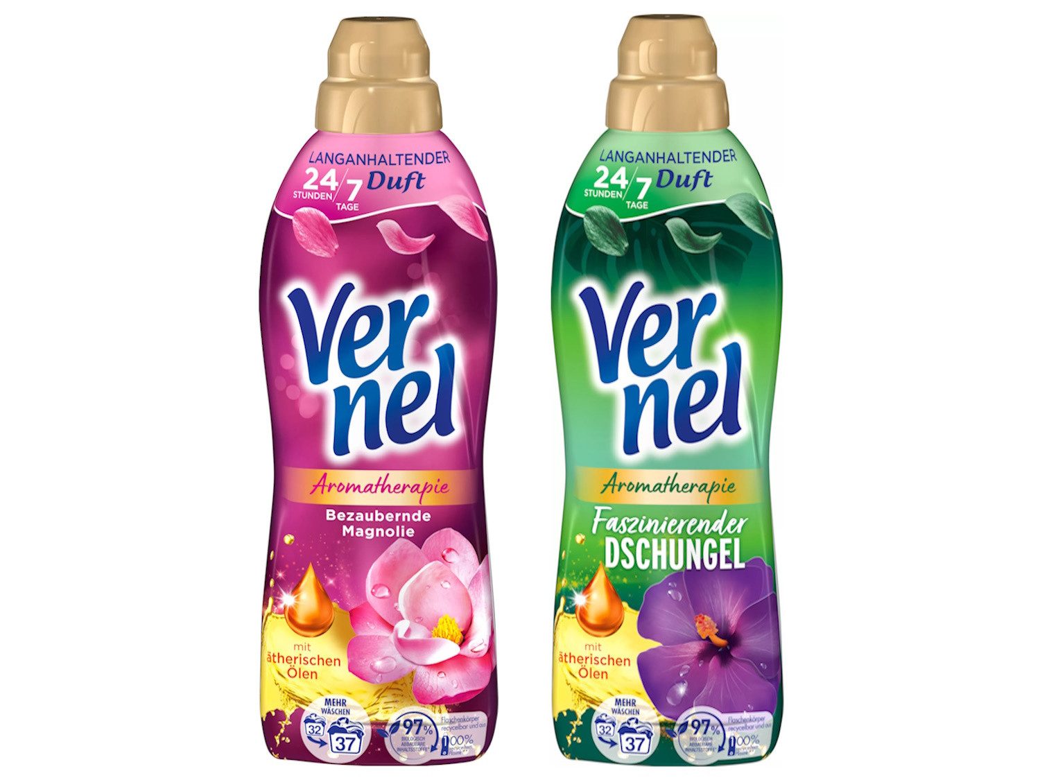 Vernel Aromatherapie Bezaubernde Magnolie & Faszinierender Dschungel 2x 37 WL Weichspüler (Doppelpack, [2-St. mit ätherischen Ölen)