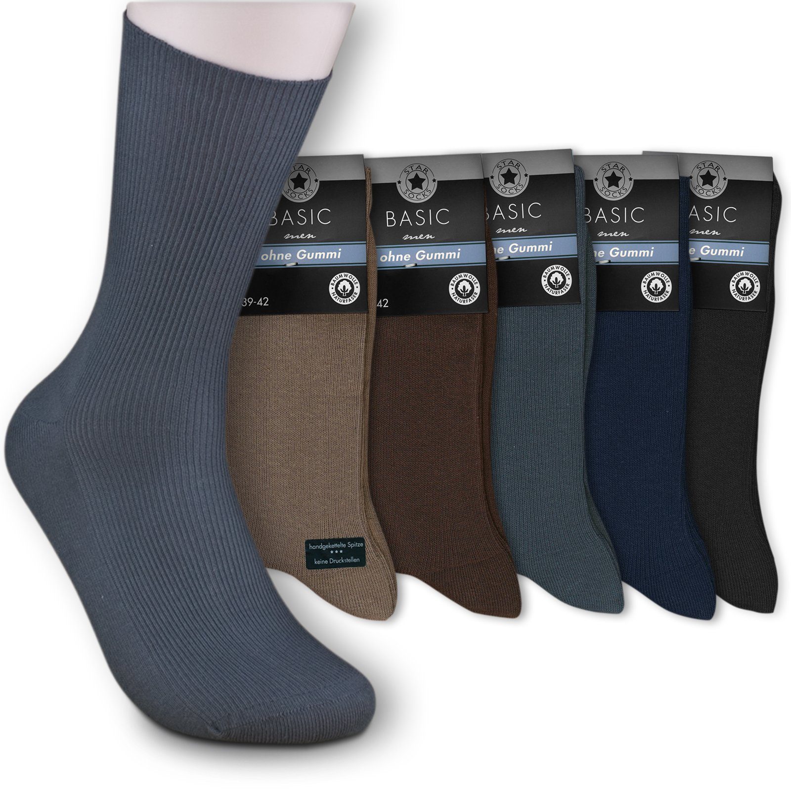 Die Sockenbude Basicsocken BASIC (Bund, 5-Paar, braun blau schwarz) Diabetikersocken ohne Gummi 100% Baumwolle | Kompressionsstrümpfe