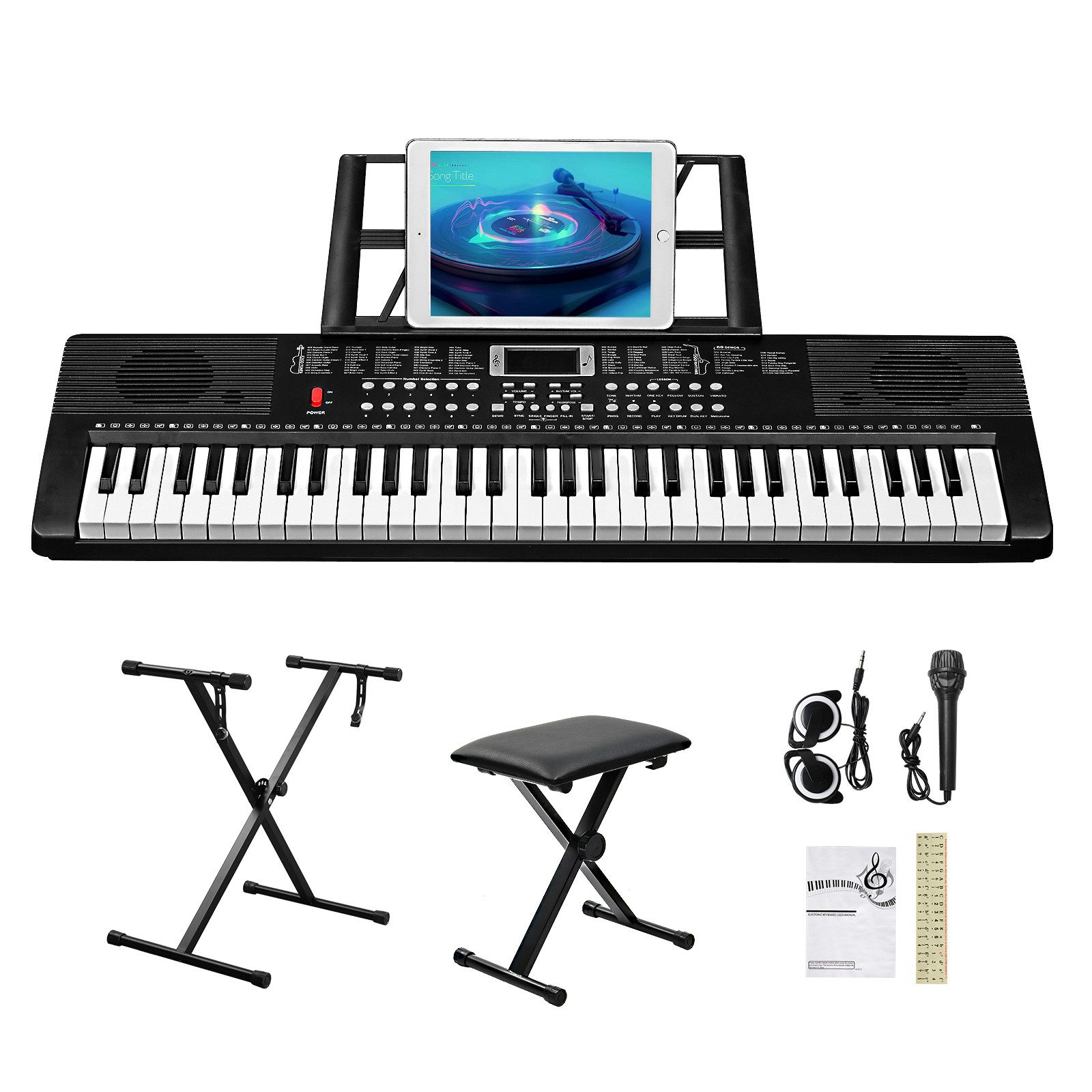 VINGLI Digitalpiano 61-Tasten Keyboard Piano Set mit Klavierständer, Klavierhocker, tragbar, LED-Bildschirm, 3 Lehrmodi, Schwarz