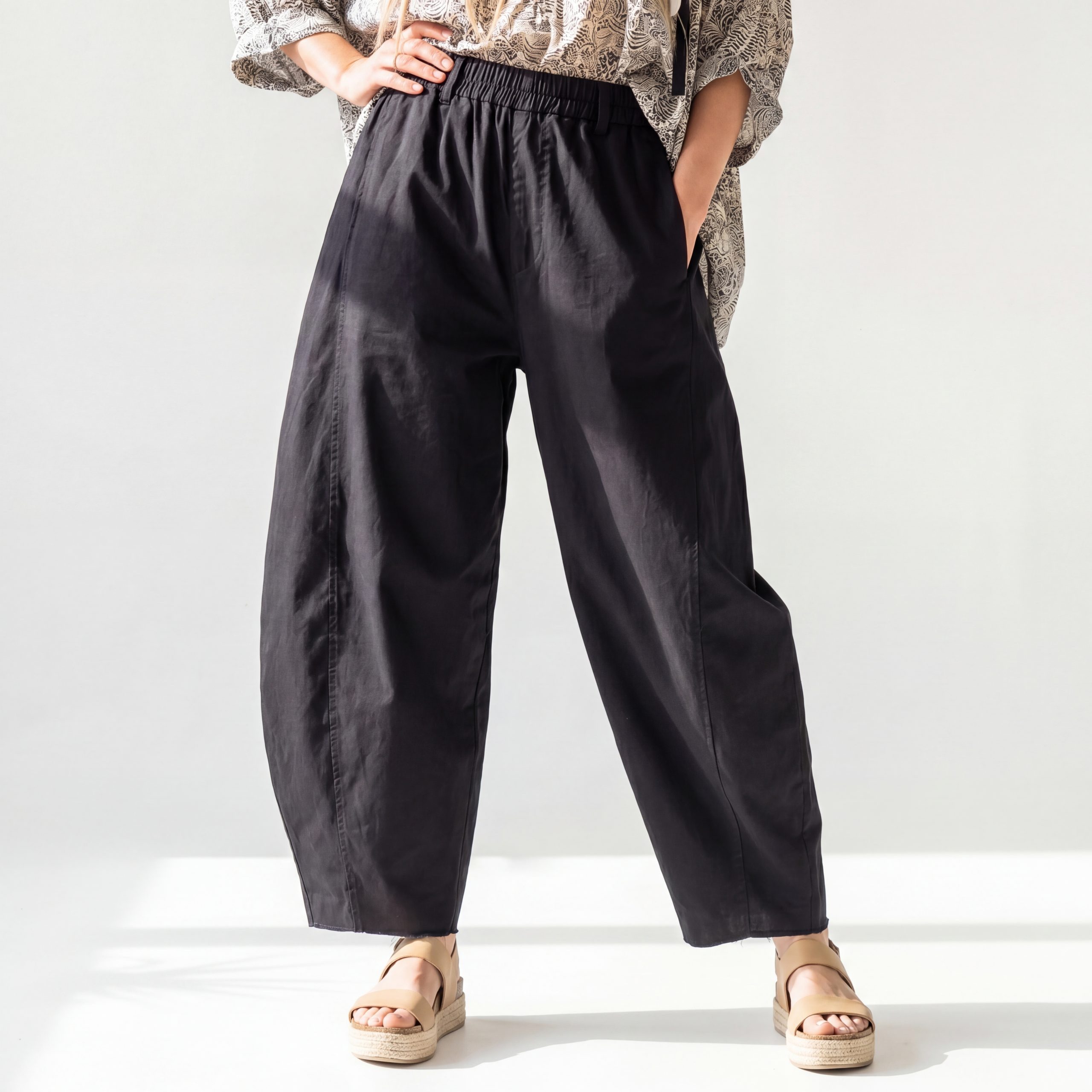 Schlupfhose Damen Sommerhose Baumwolle Freizeithose Barrel Fit Elastikbund