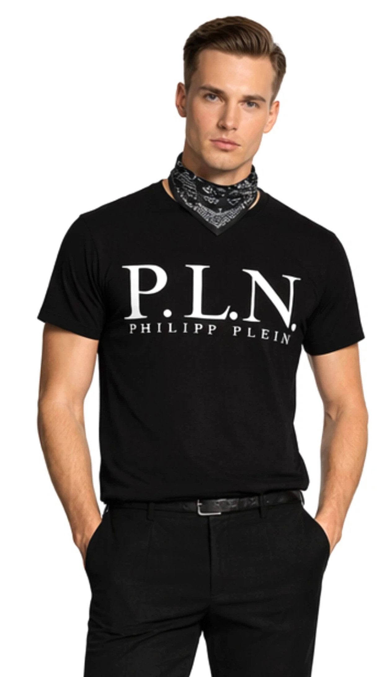 PHILIPP PLEIN T-Shirt Platinium Cut P.L.N. Rundhals Shirt Rohe Schnittkanten, Zwei-Nadel-Steppung, Gerippter Rundhals