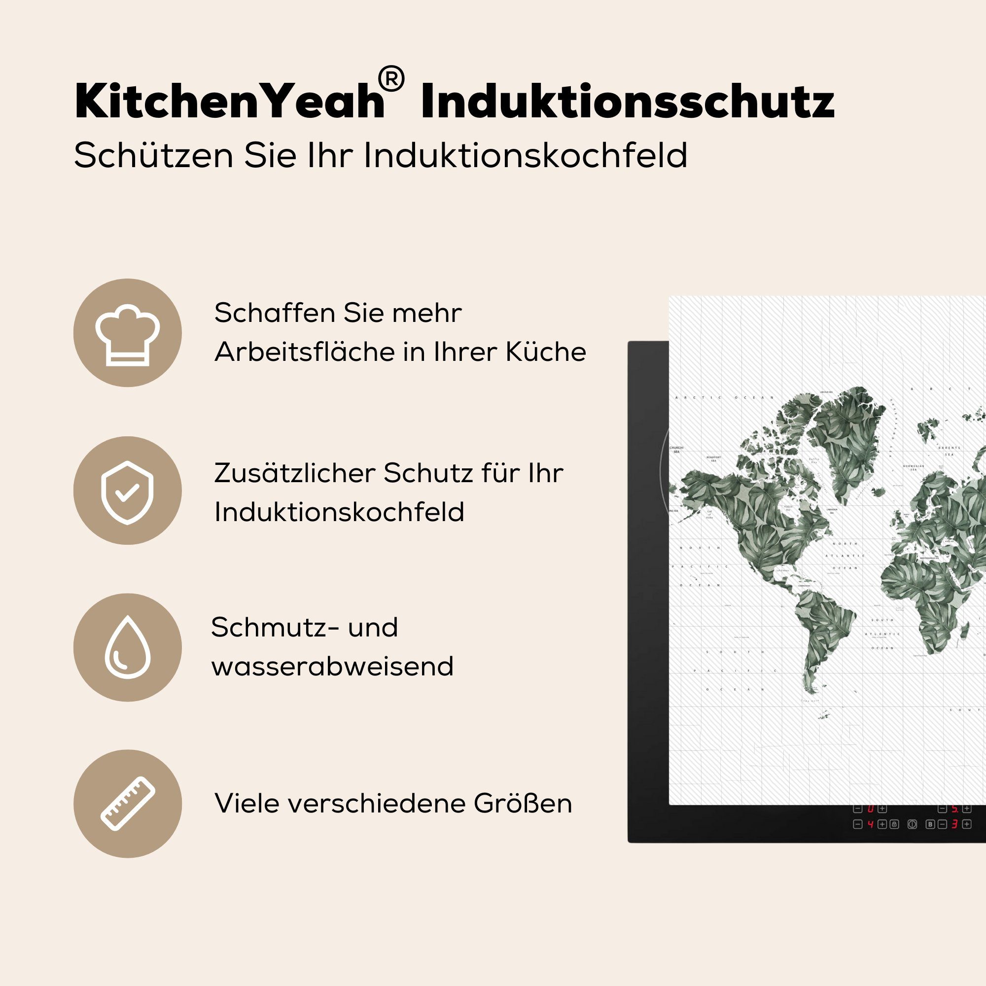(1 Blätter, Ceranfeldabdeckung, 78x78 Herdblende-/Abdeckplatte Grün - Vinyl, für küche tlg), cm, Arbeitsplatte - MuchoWow Weltkarte
