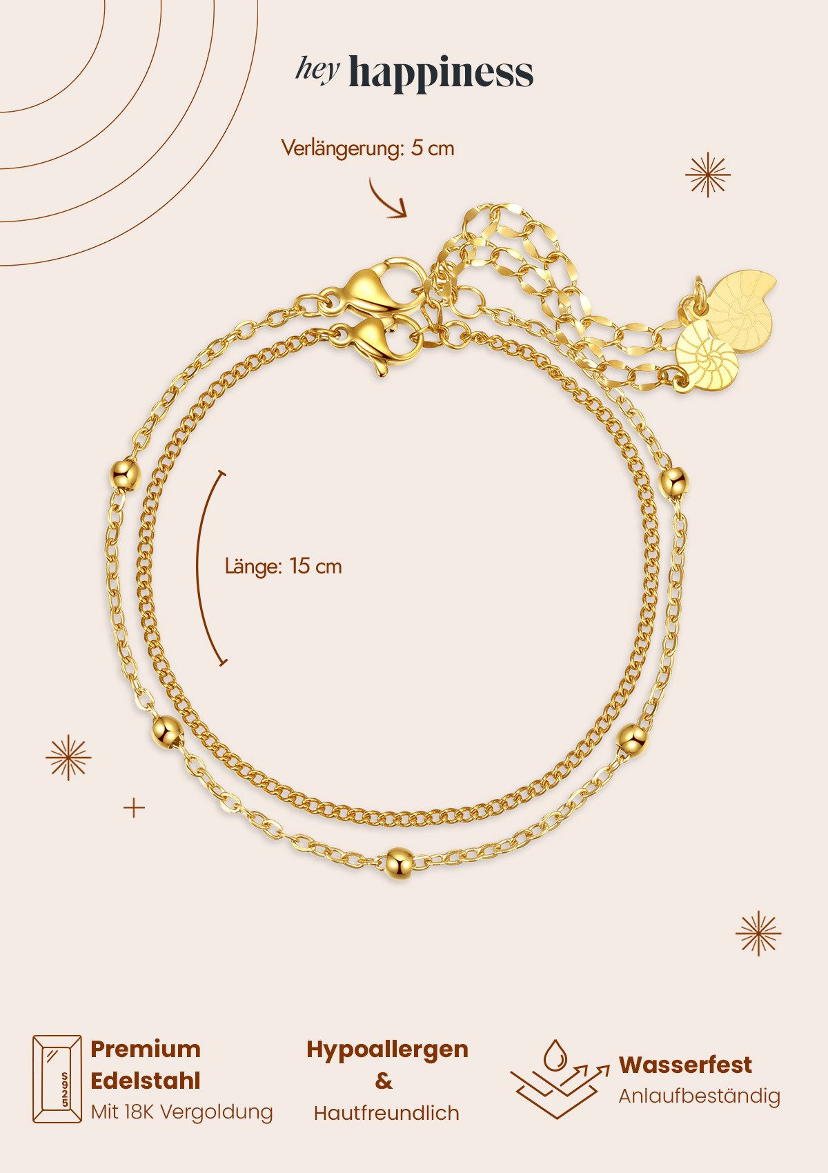 Hey Happiness Armketten Set Damen Edelstahl, 18K Gold Roségold, 2er Layer Set Kugel Rolo Kette Armband, wasserfest – Bild 5 von 5