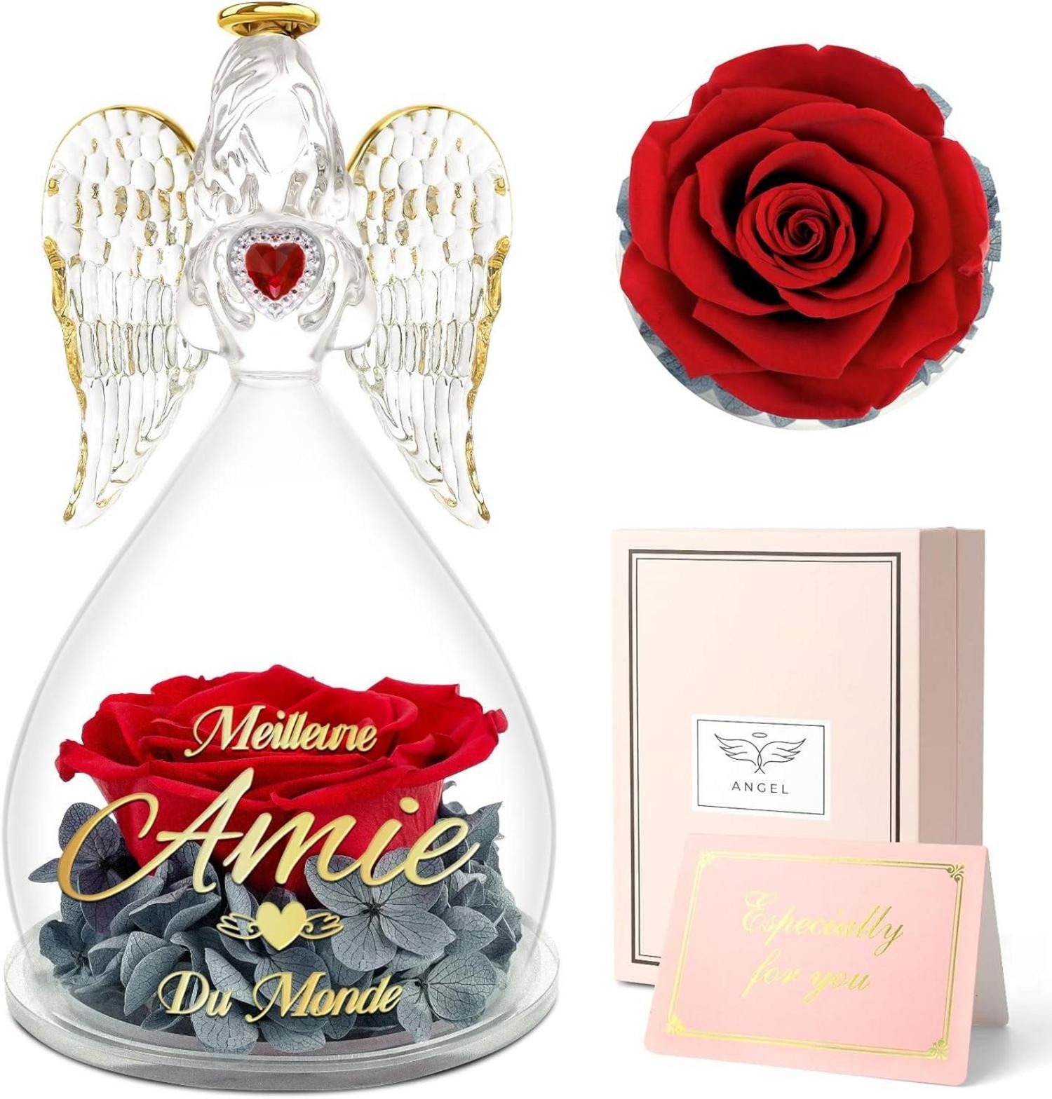 Schmuckset Geschenk Freundin Engel Figur Ewige Rose Glaskuppel Blume Geburtstag