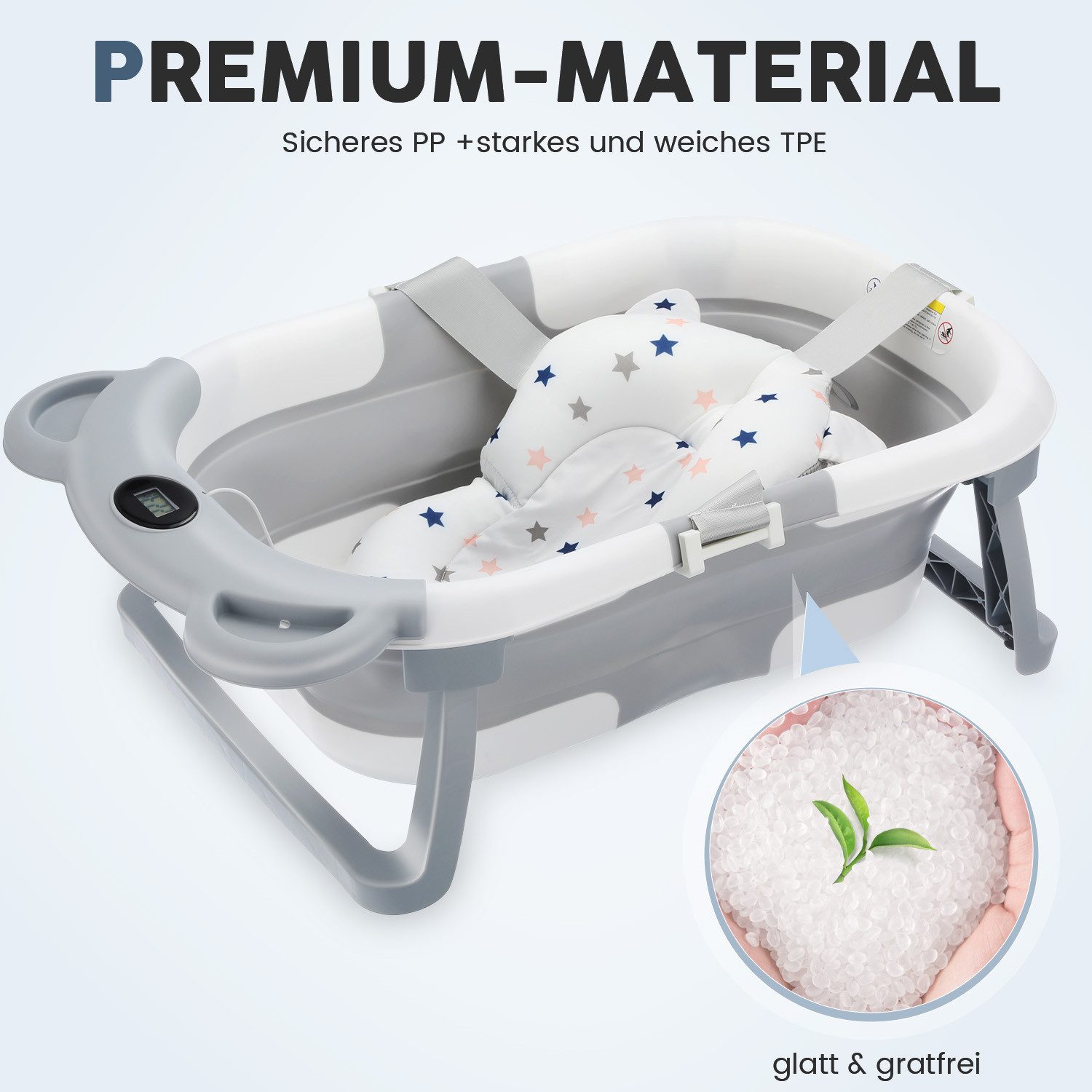 oyajia Babybadewanne Faltbare Badewanne PP&TPE Babywanne Badewannensitz, für 0-2 Jahre, mit weichem Schwimmkissen und Thermometer, Rutschfeste Badewanne