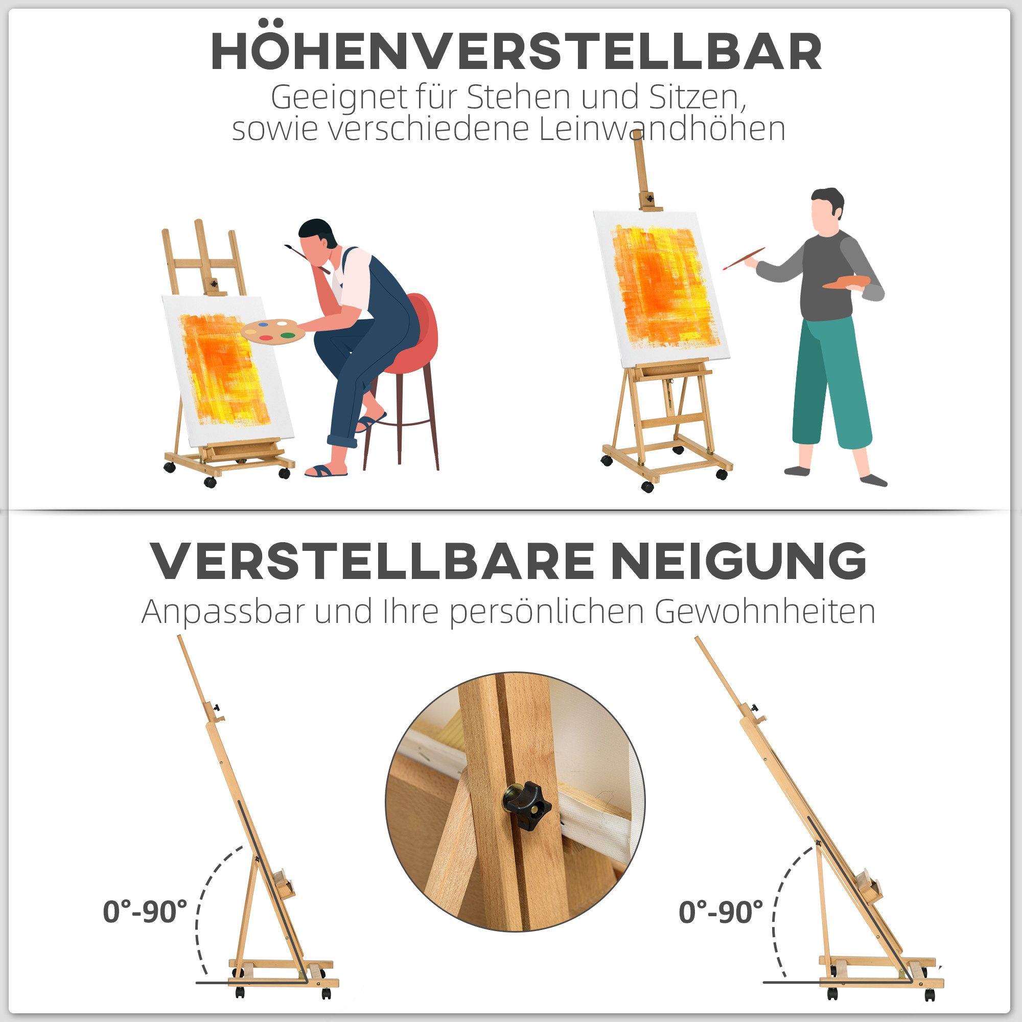 Vinsetto Staffelei Staffelei Standstaffelei mit Rollen, höhenverstellbar, Buchenholz, Naturholz 50,5 x 53 x 178-238 cm – Bild 4 von 5