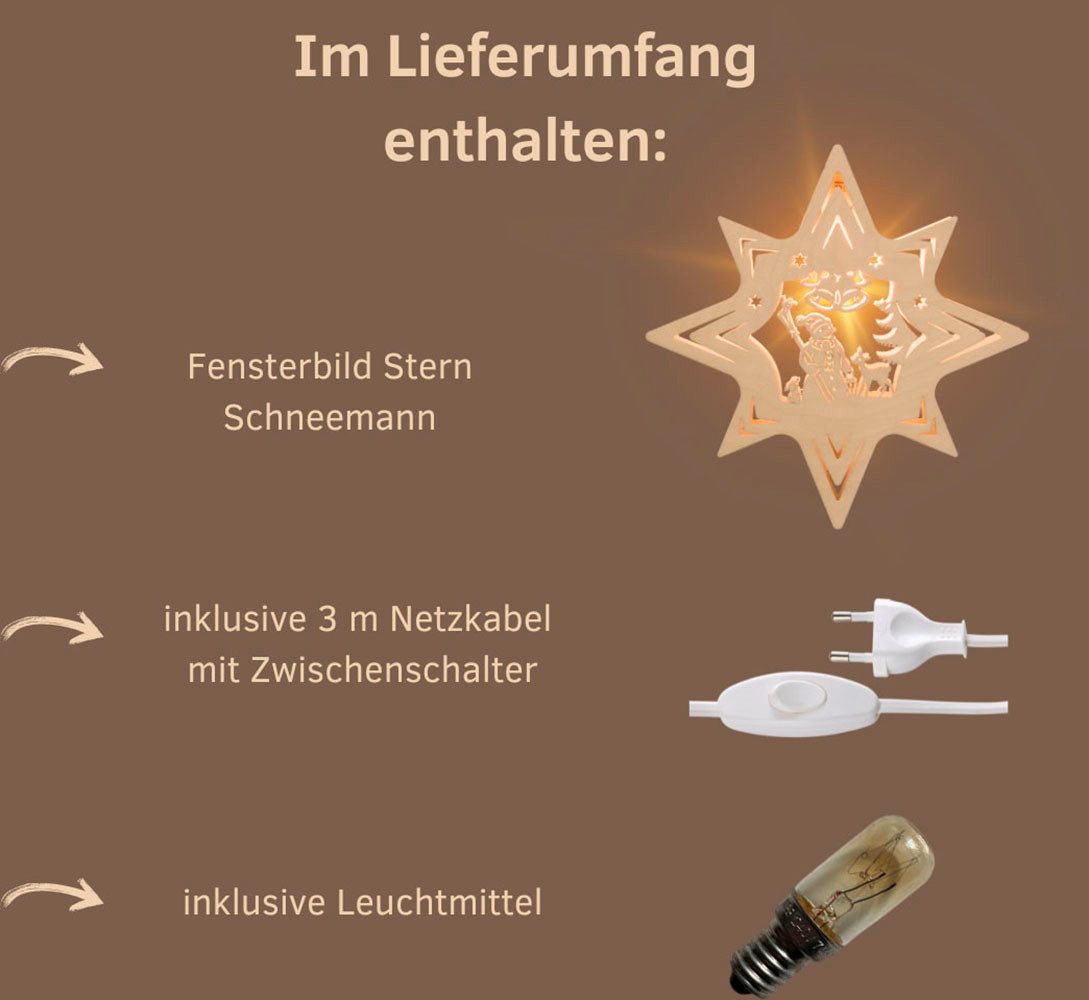 Weigla Dekostern Schneemann, beleuchtetes Fensterbild, NATUR, Made in Germany, 1 St., Erzgebirge garantiert, Weihnachtsdeko Innen, Weihnachtsbeleuchtung