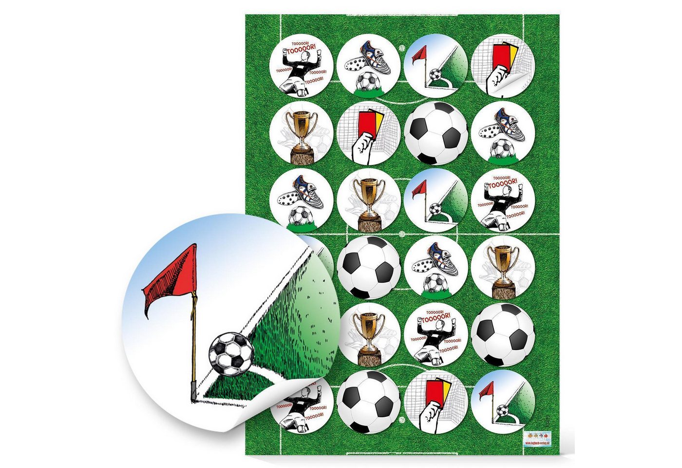 Logbuch-Verlag Aufkleber 24 Stück Fußball Aufkleber Sticker rund 4 cm Tor gelbe Karte Pokal