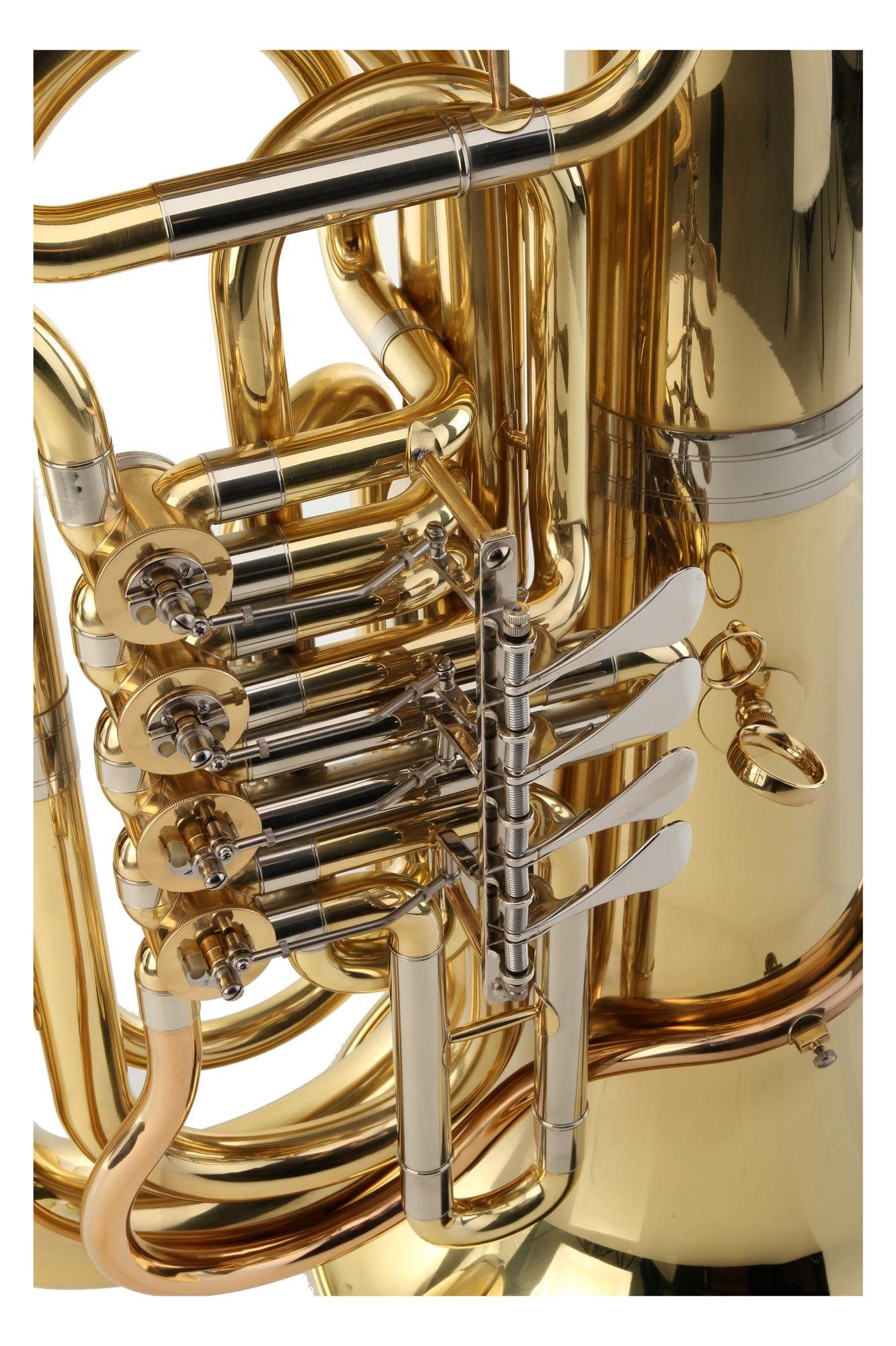 Classic Cantabile Bass-Trompete T-186 3/4 Tuba - Kompakte Bauform aus  Messing - Gewicht nur 8,9kg - Mundrohr aus Goldmessing - 4 Zylinderventile  - Inklusive Mundstück und Leichtkoffer mit Rollen, 3/4 Tuba