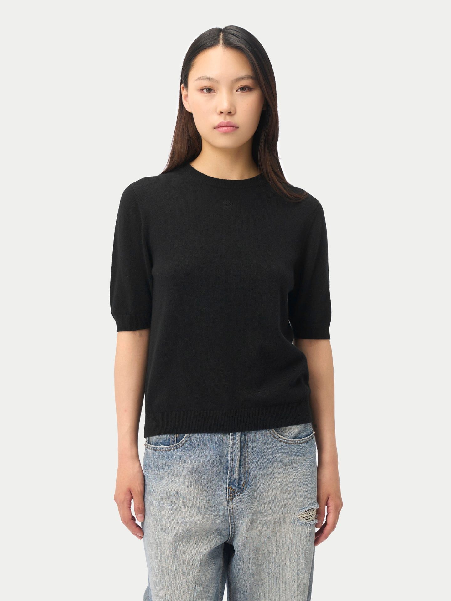 Rundhalspullover Kaschmir-Pullover mit kurzen Ärmeln