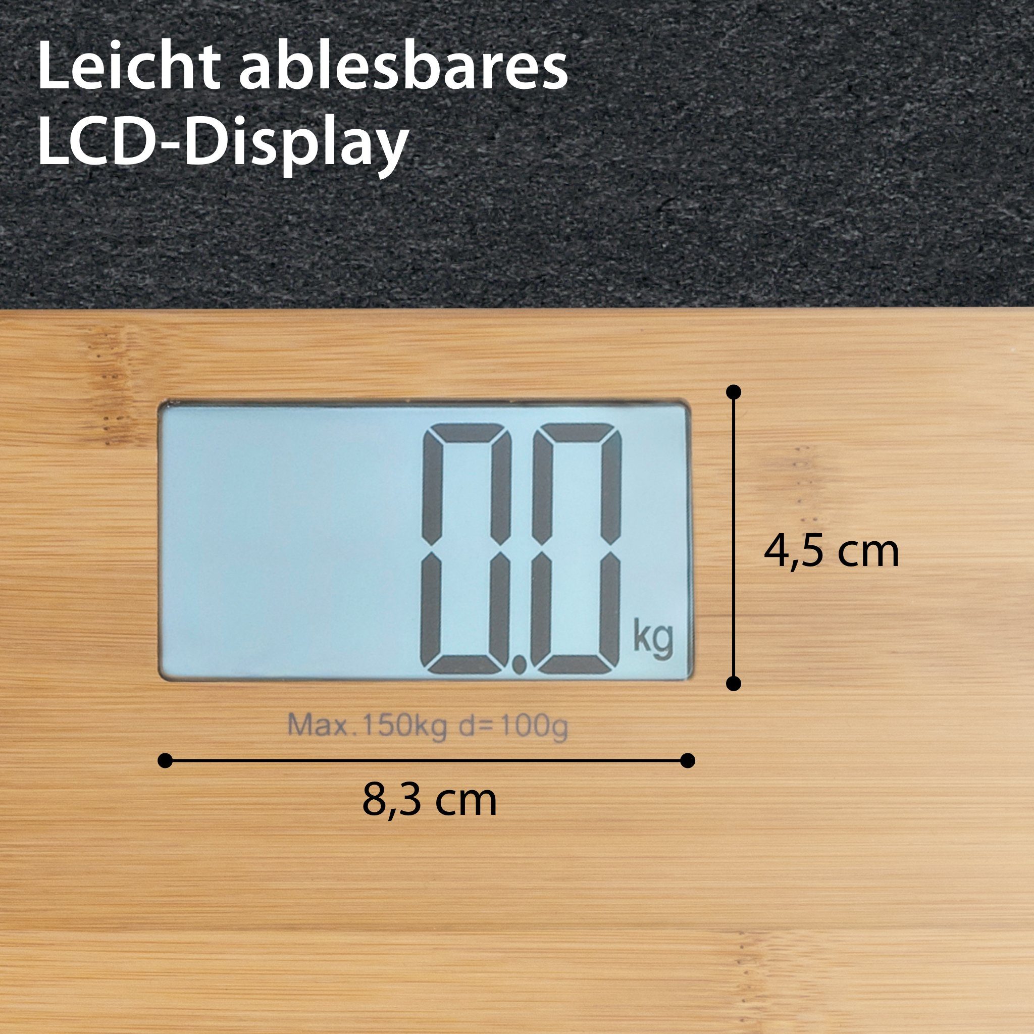 ADE Personenwaage Badezimmerwaage mit Wiegefläche aus echtem Bambus, Wiegefläche aus echtem Bambusholz, großes Display, bis 150 kg – Bild 4 von 5