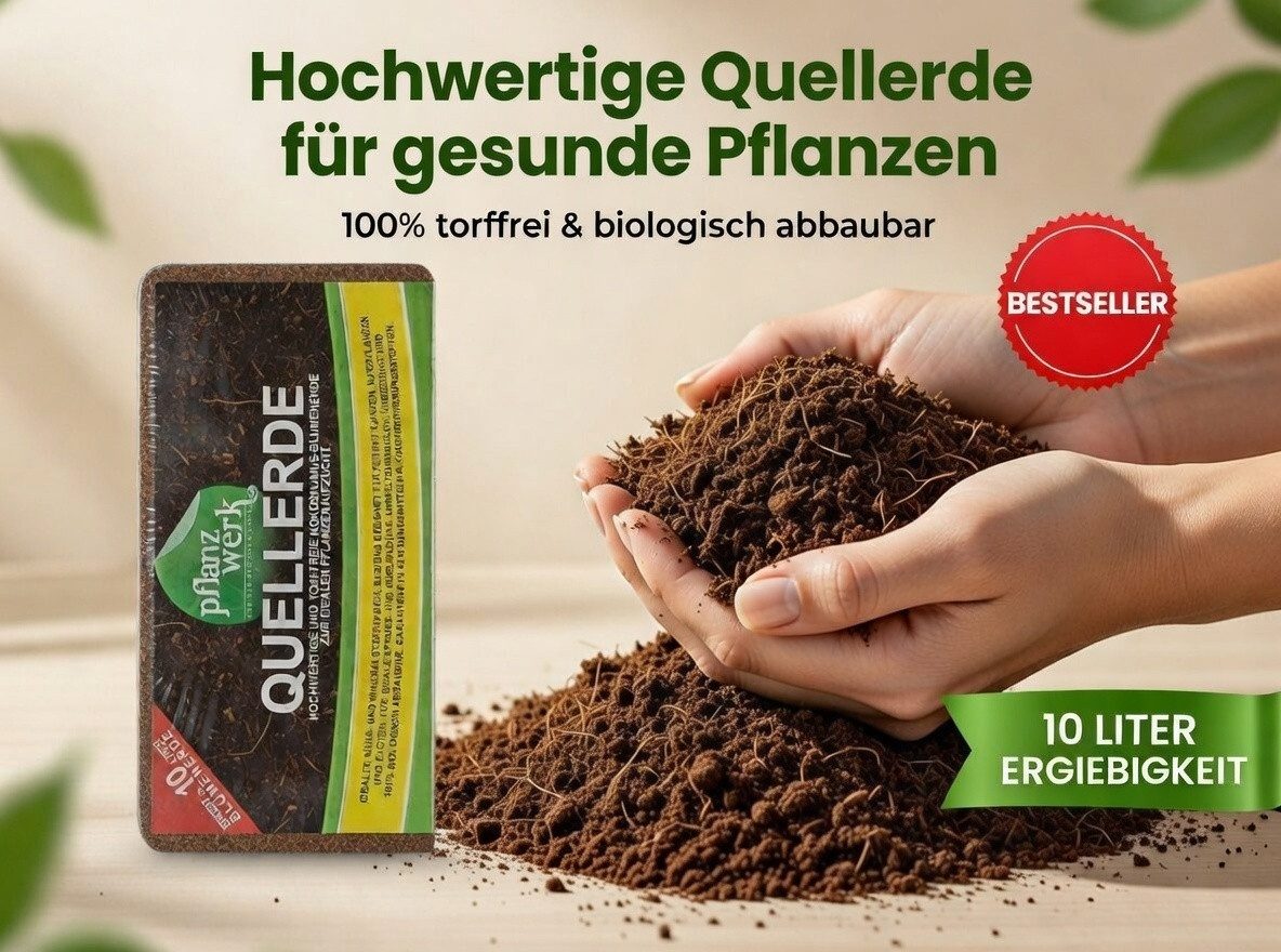 Pflanzwerk® Blumenerde ORIGINAL QUELLERDE Pflanzkübel Pflanzerde 100% BIO - 100% TORFFREI, 100% Biologisch - Düngerfrei - Torffrei - Nachhaltig - PH-Neutral