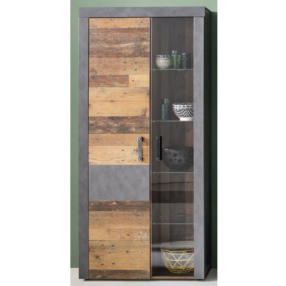 trendteam Vitrine Indy Wohnzimmerschrank Stauraumvitrine Beleuchtung Grau 87x189x34cm