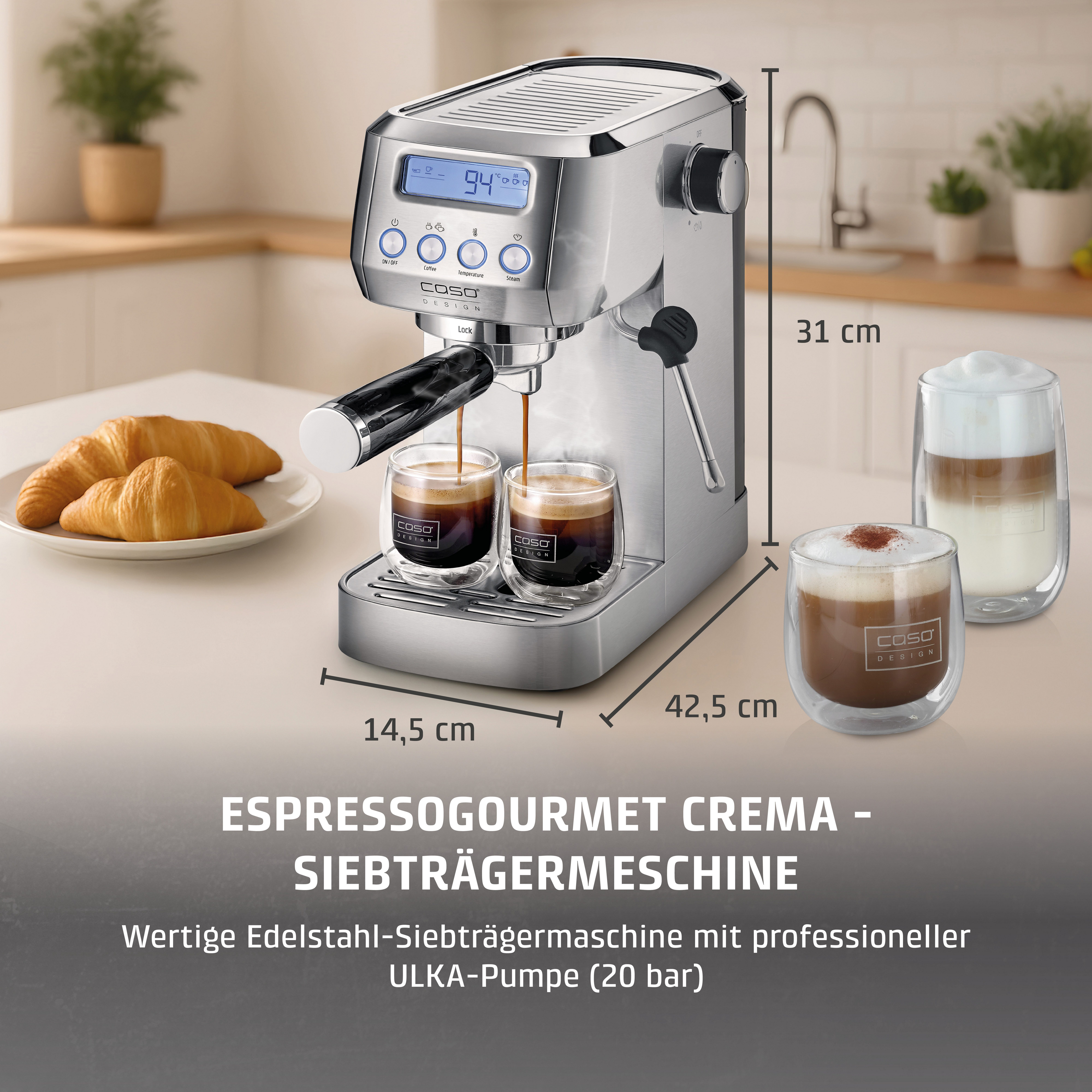 Caso Siebträgermaschine EspressoGourmet Crema, 1350 Watt, 20 Bar ULKA-Pumpe