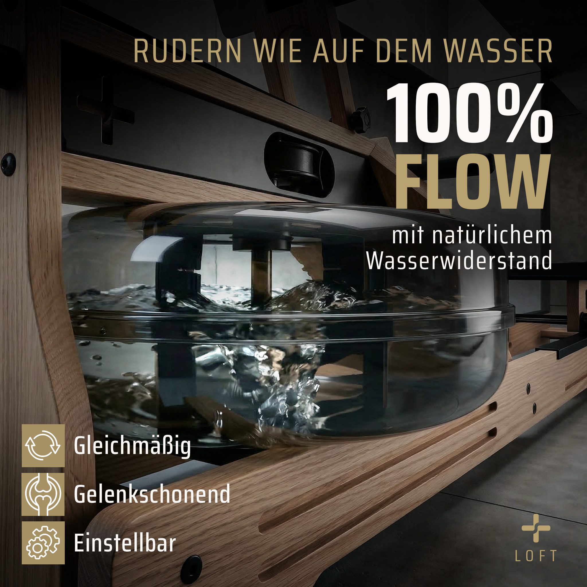 SportPlus Rudergerät klappbar für zuhause, Wasser, Holz Eiche, mit App, platzsparend, Klappbares Wasserrudergerät, Natur Massivholz, Design Holzrudergerät