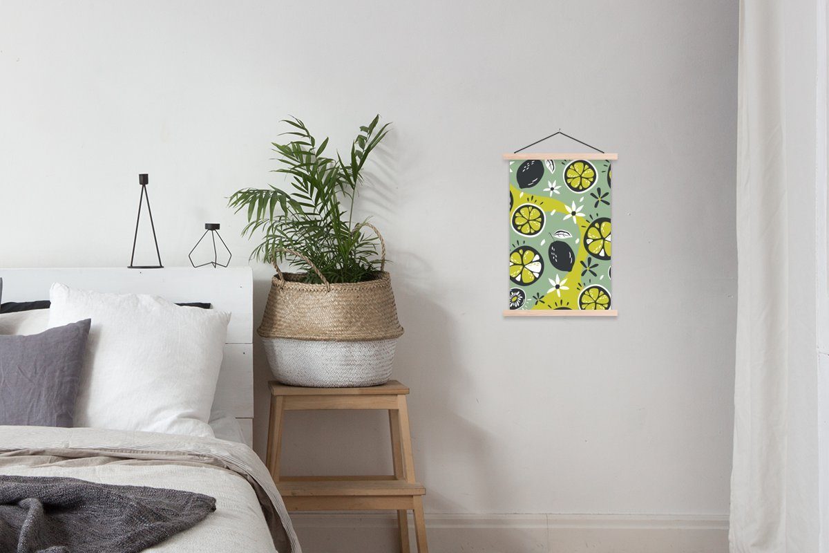 MuchoWow Bilderleiste, Poster St), Textilposter - (1 Wohnzimmer, Posterleiste, Magnetisch Obst Blumen Grau, für - Sommer -