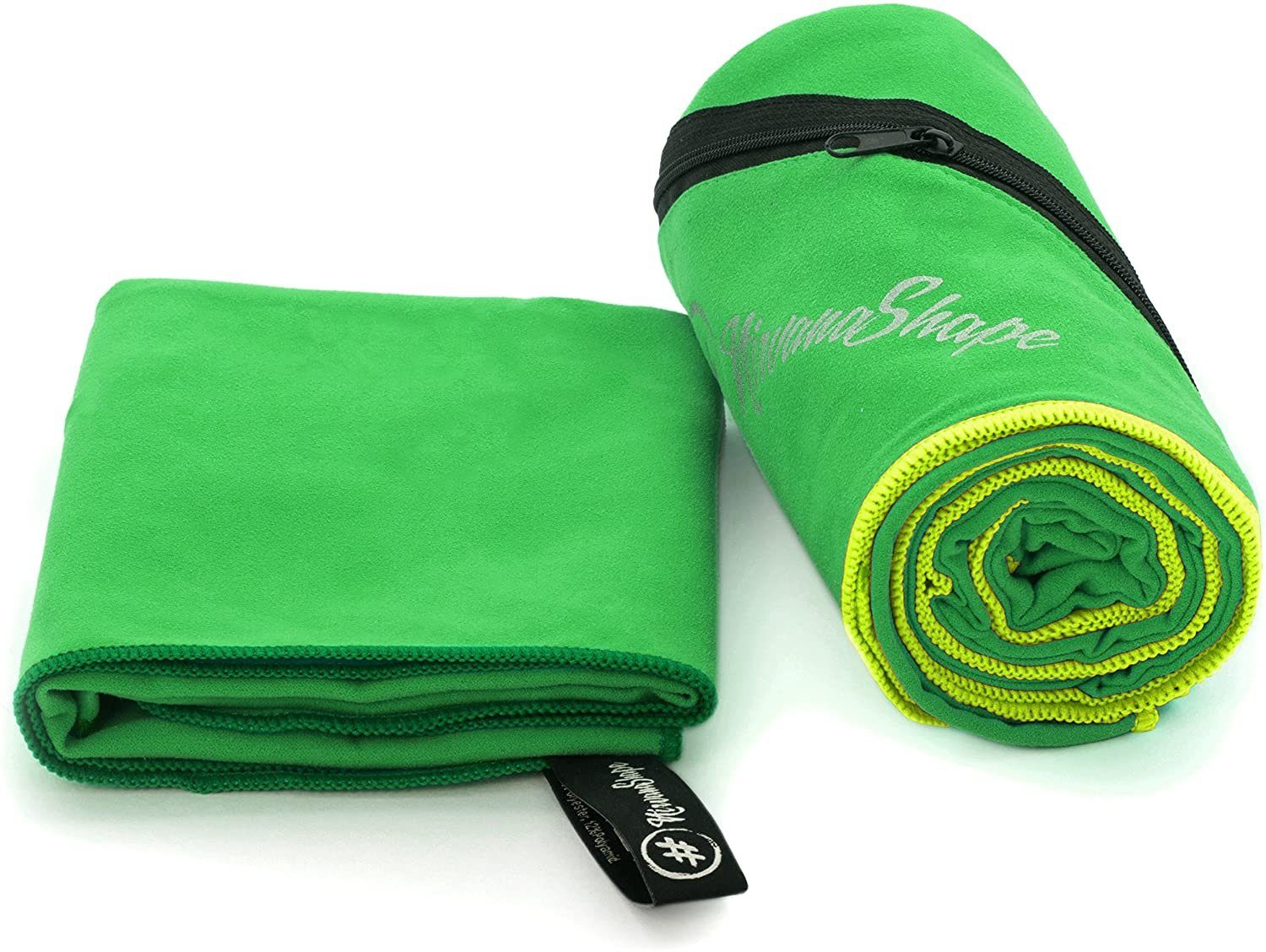 NirvanaShape Sporthandtuch Mikrofaser Handtuch, Badehandtuch, Reisehandtuch, Sporthandtuch, Ecktasche mit Reißverschluss, saugfähig, leicht, schnelltrocknend Grün / Grüner Rand