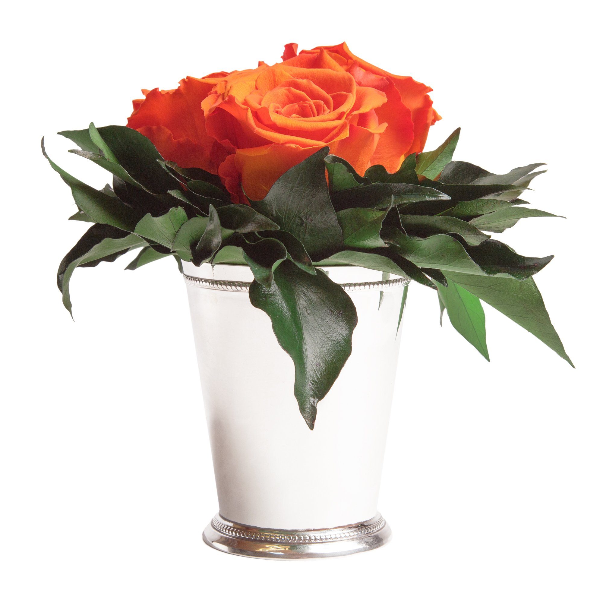 Kunstorchidee 3 Infinity Rosen silberfarbene Vase Wohnzimmer Deko Blumenstrauß Rose, ROSEMARIE SCHULZ Heidelberg, Höhe 15 cm, Rose haltbar bis zu 3 Jahre Orange