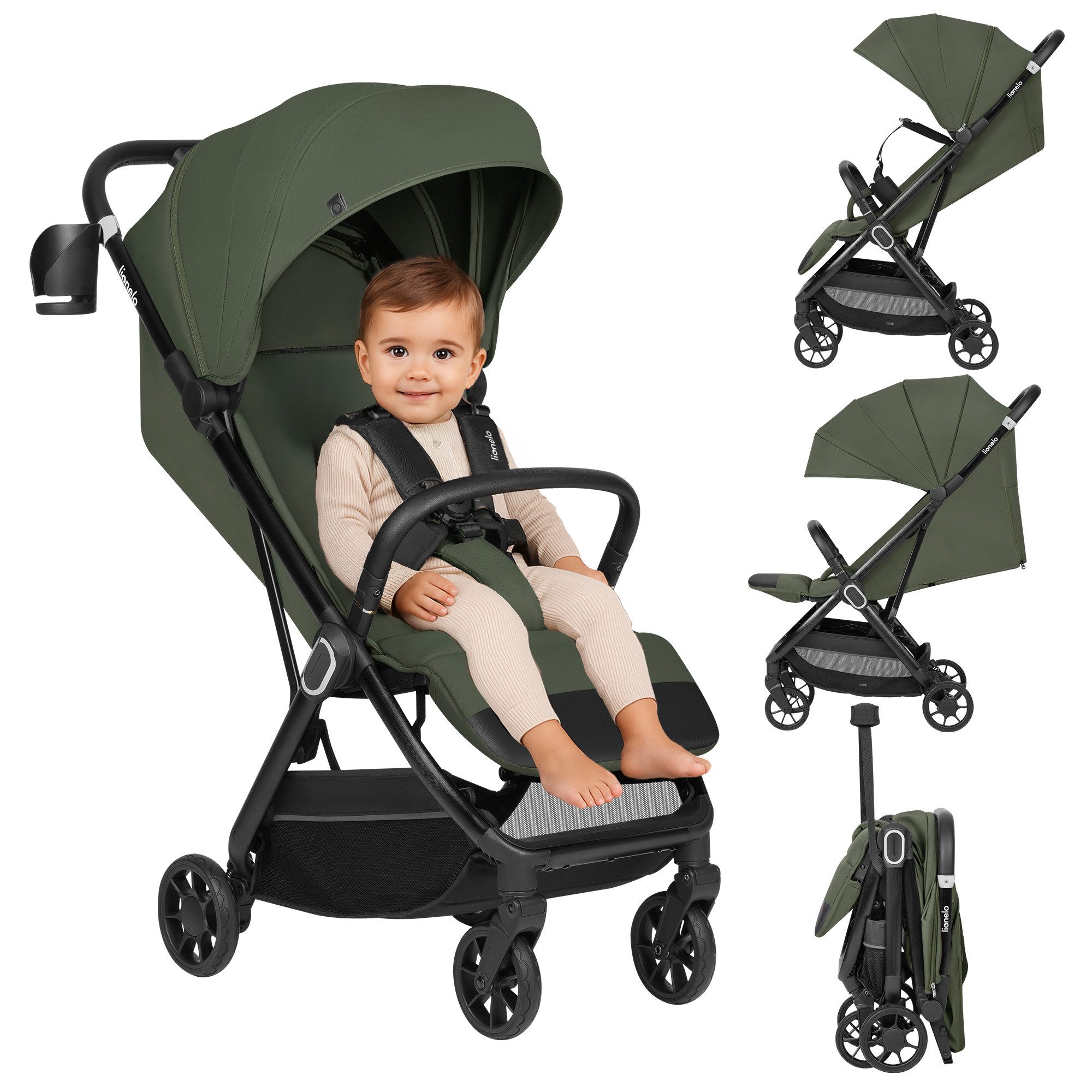 lionelo Kinder-Buggy BESS, (Kinderwagen + Becherhalter + Tragegurt), Auto-Folding/leicht/Liegeposition/PU-Räder/Federung/Halter