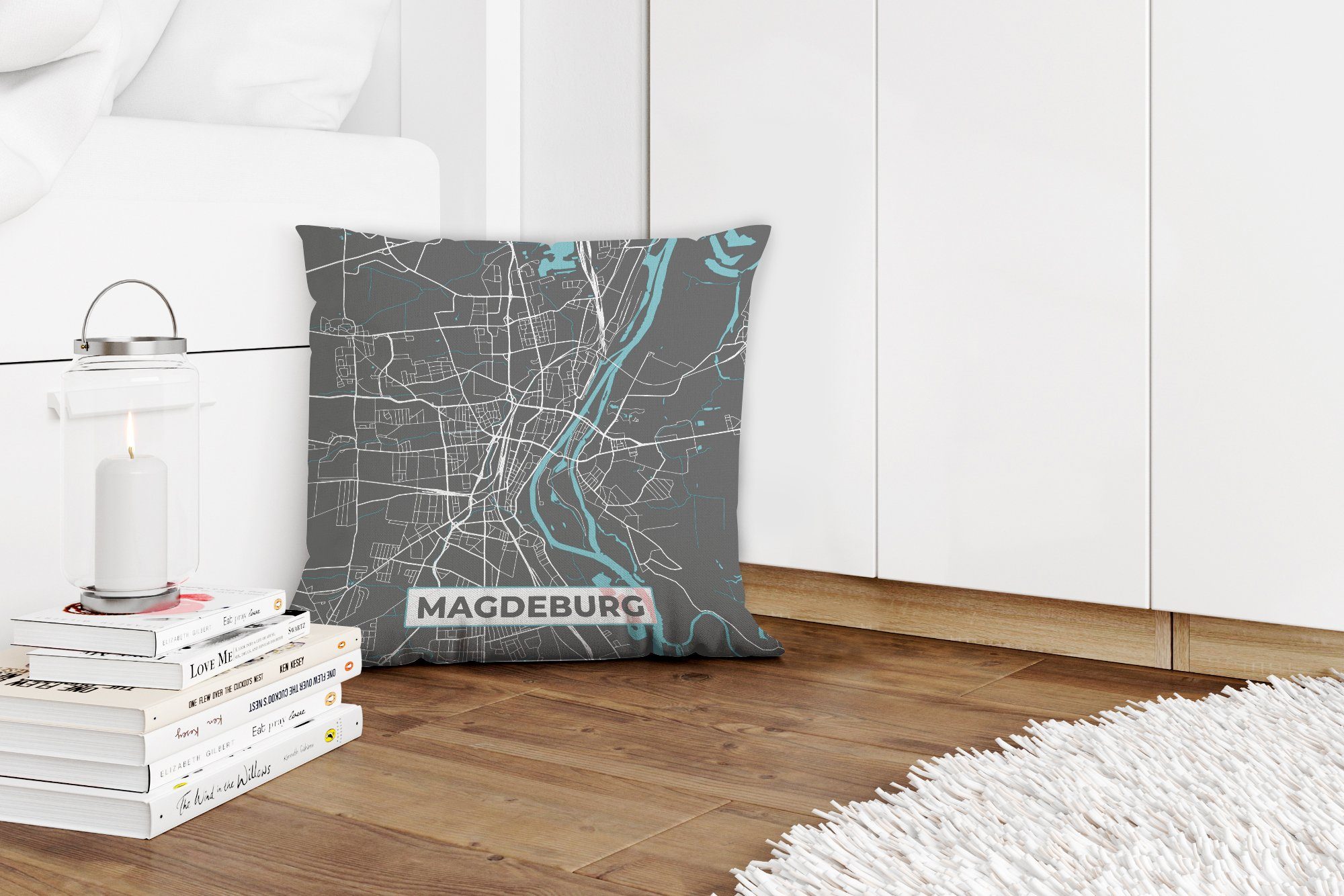 Schlafzimmer, Magdeburg MuchoWow - Deko, mit für Füllung Dekokissen Stadtplan Wohzimmer, Zierkissen Sofakissen - Deutschland - Karte,