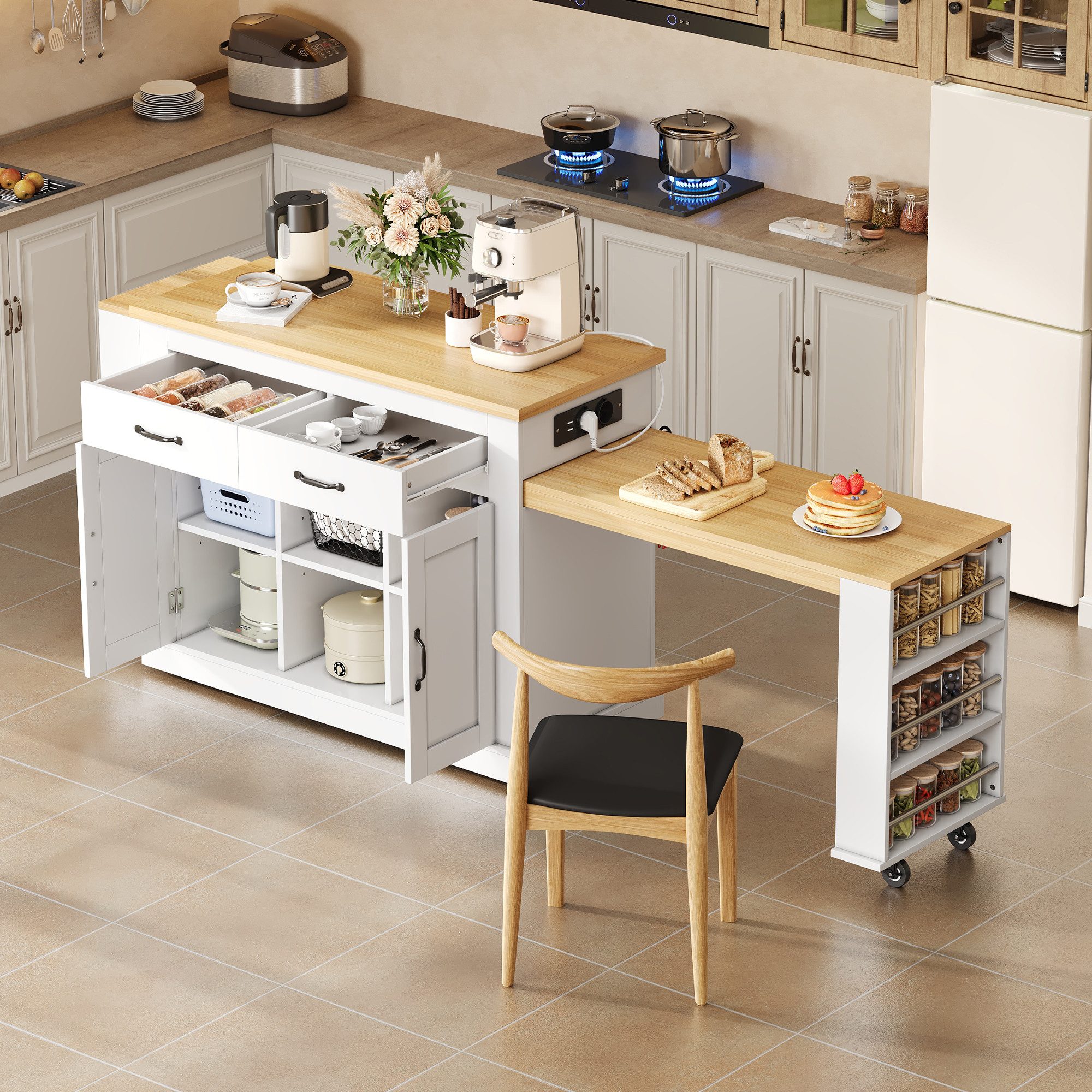 HAUSS SPOLE Kücheninsel Ausziehbar Küchenschrank Steckdosen USB,Buffetschrank mit Rollen,Weiß, (Wohnzimmertisch Servierwagen mit zwei ausziehbaren Arbeitsflächen und verstellbare Regalböden), 142(max 340)x55x93cm mit Rollen und Schubladen