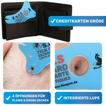 BluePet Zeckenpinzette Zeckenkarte mit Lupe im Scheckkartenformat, Zeckenentfernung für Menschen und Tiere