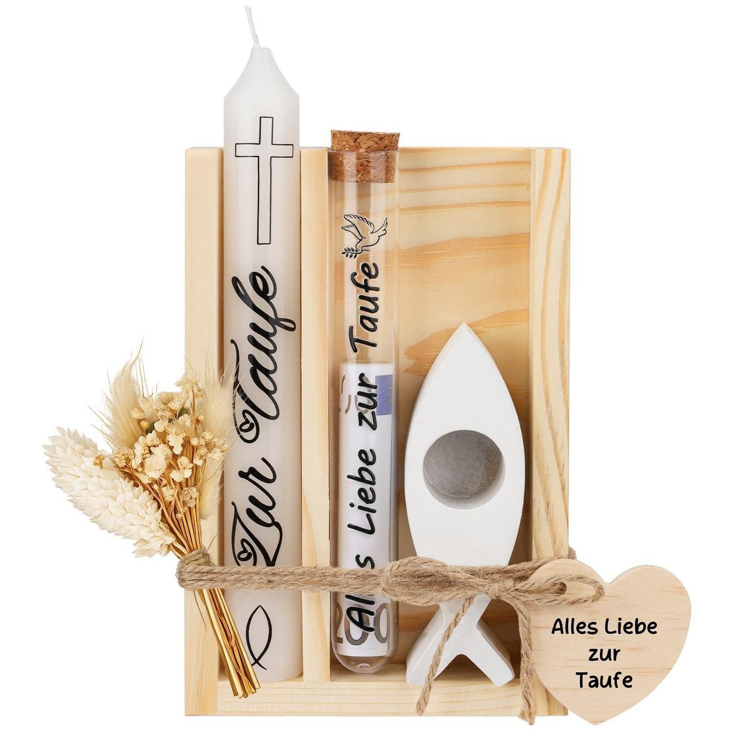 LuxusKollektion Geschenkbox Taufkerzen Set Holzbox Trockenblumen Geldgeschenk