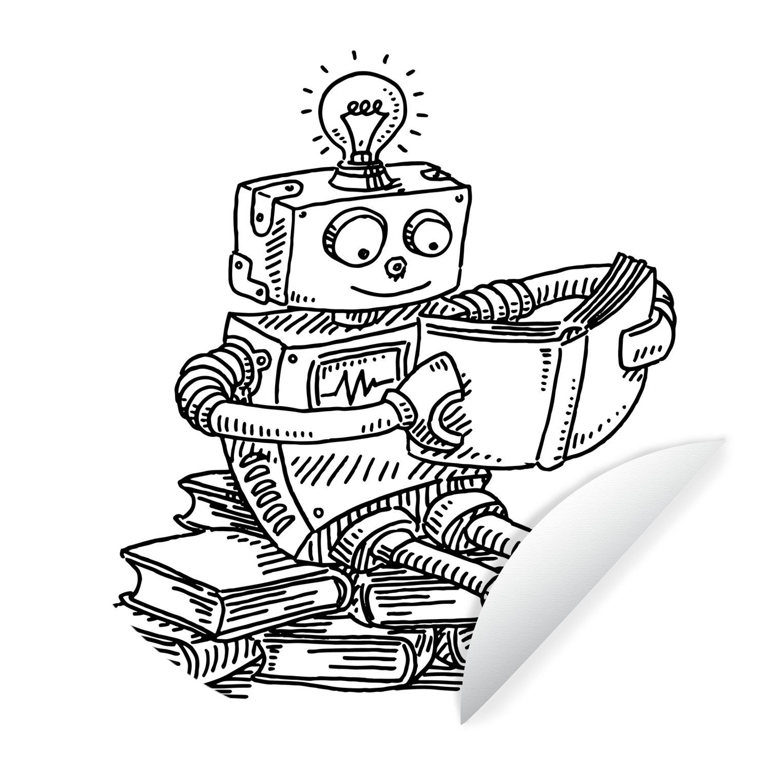 MuchoWow Wandsticker Eine handgezeichnete Illustration eines Roboters, der ein Buch liest (1 St), Tapetenkreis für Kinderzimmer, Tapetenaufkleber, Rund, Wohnzimmer
