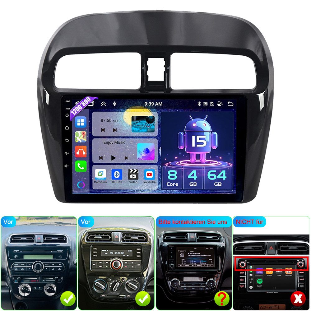 A-Sure Für Mitsubishi Mirage 2012-2023 8-Core Android 15 Carplay GPS Navi DSP Autoradio (Digitalradio (DAB), FM, AM, RDS, 1280*800 IPS Screen/8-Core CPU)