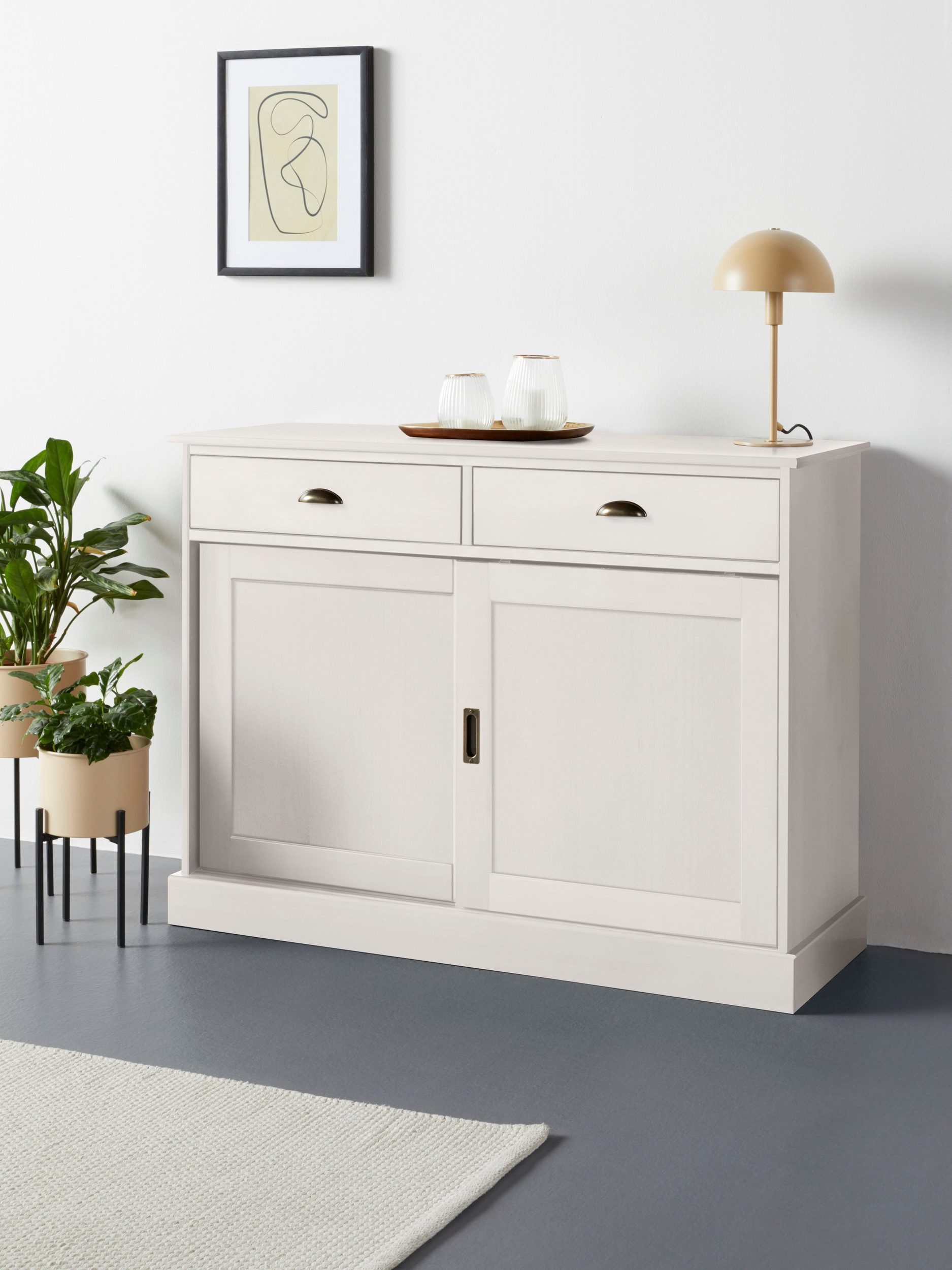 loft24 Sideboard Meghan - Anrichte Schrank Küchenschrank Mehrzweckschrank, 2 Schubladen, 2 Schiebetüren, Kiefer, Landhausstil