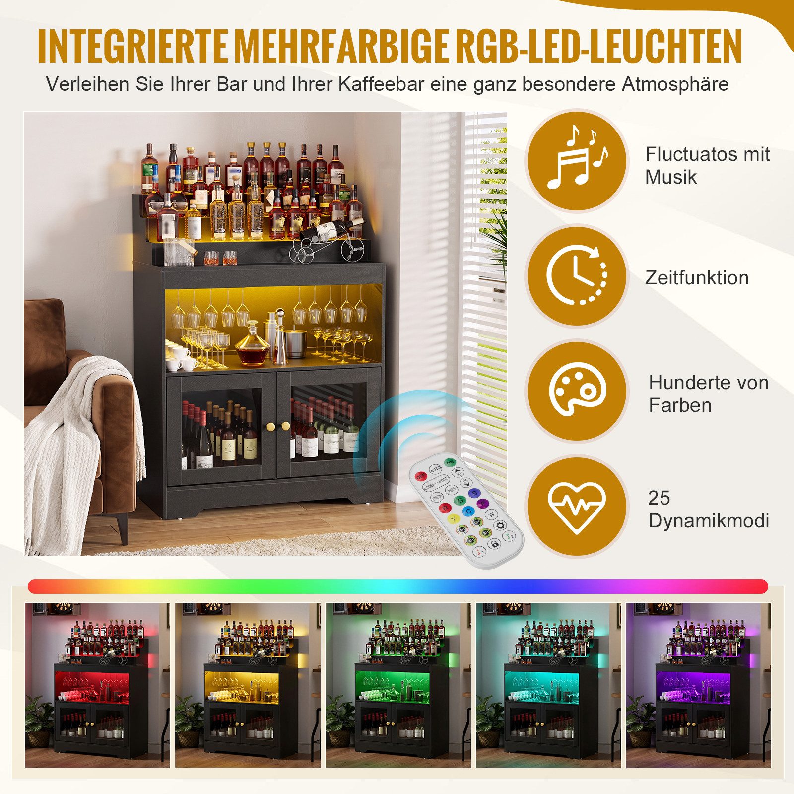 PEALOV Barschrank mit RGB-LED-Beleuchtung, Weinschrank mit Weinglashalter und Glastüren (1-St) 3-stöckiges Flaschenregal, Küchenschrank, Pantryschrank, 79,8x108 – Bild 3 von 5